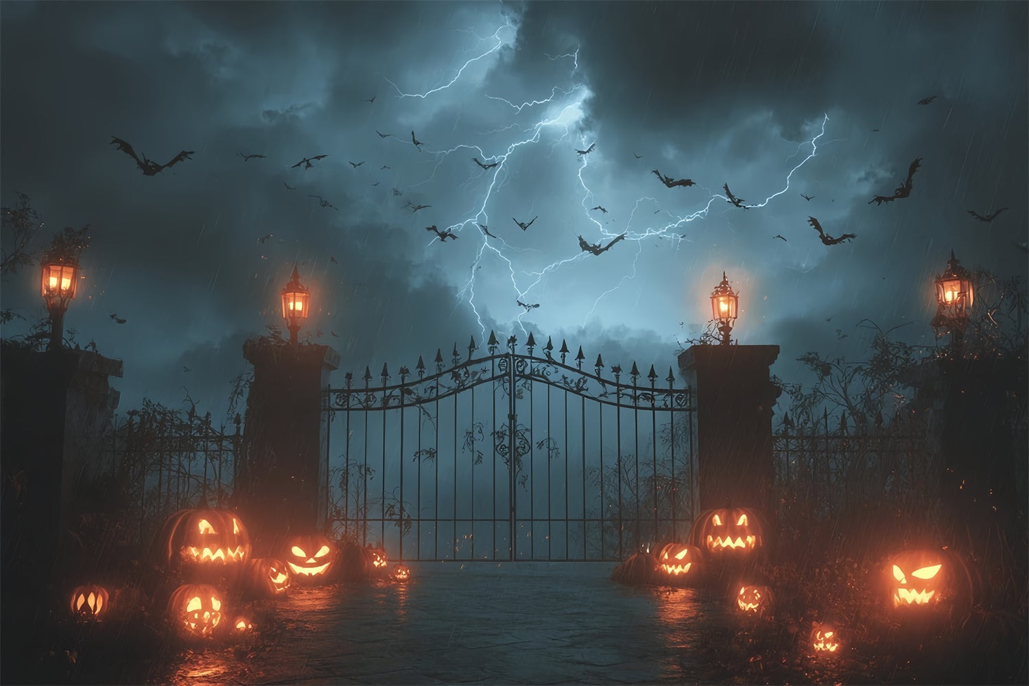 Thunder and Lightning Scary Door Pumpkin Halloween Backdrop UK MRR8-3