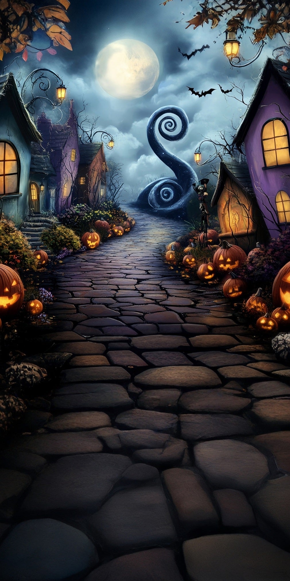 Halloween Photo Backdrop Moonlit Night Grotesque Town Sweep Backdrop UK MRR8-43