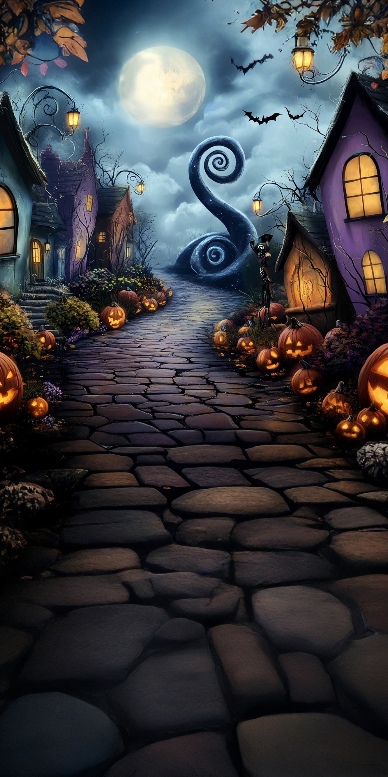 Halloween Photo Backdrop Moonlit Night Grotesque Town Sweep Backdrop UK MRR8-43