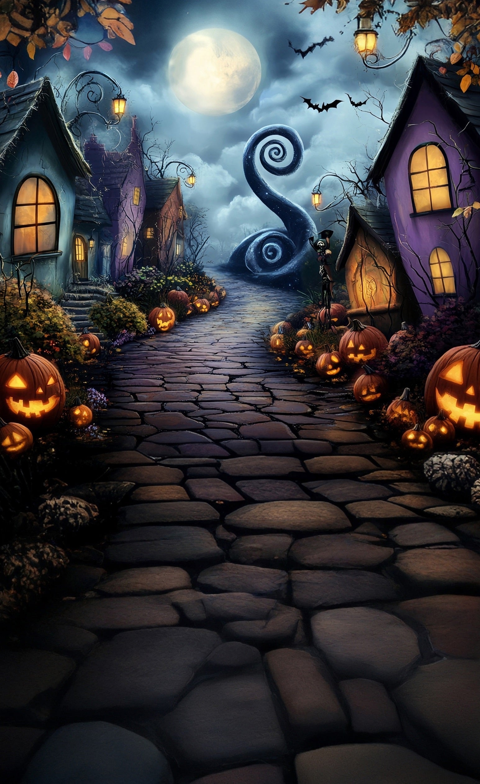 Halloween Photo Backdrop Moonlit Night Grotesque Town Sweep Backdrop UK MRR8-43