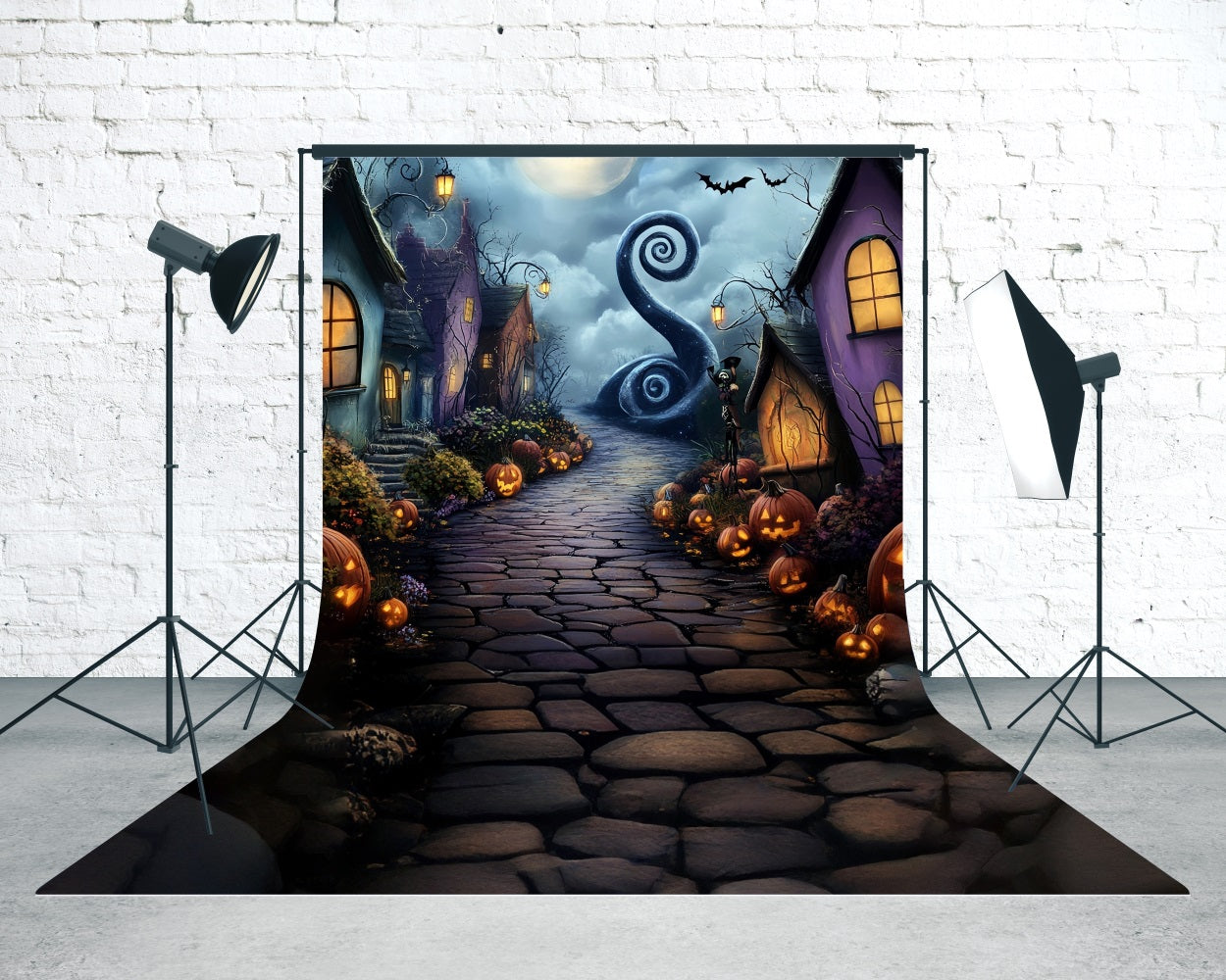 Halloween Photo Backdrop Moonlit Night Grotesque Town Sweep Backdrop UK MRR8-43