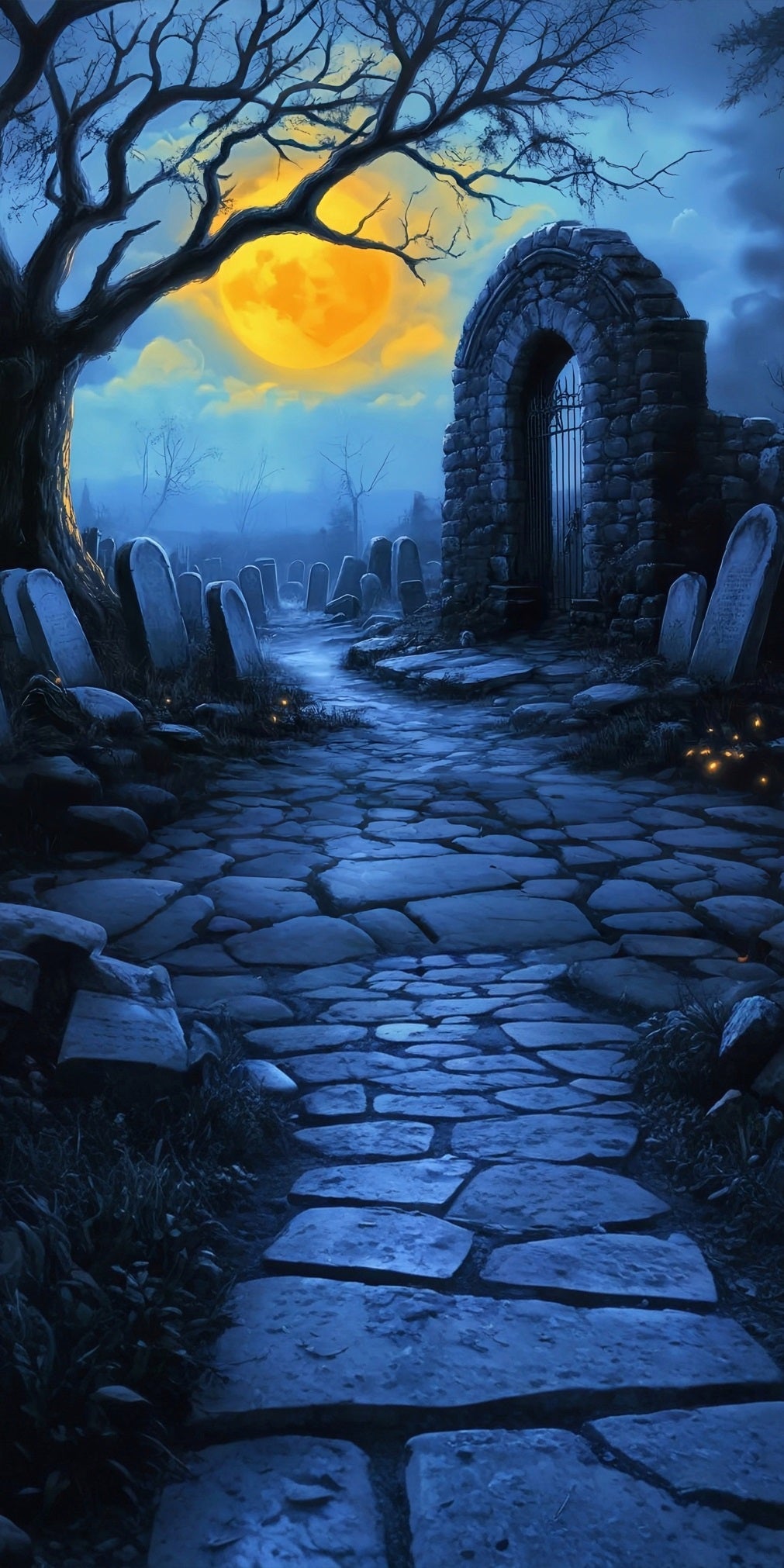Halloween Graveyard Backdrop Cemetery under the Moonlit Night Sweep Backdrop UK MRR8-48
