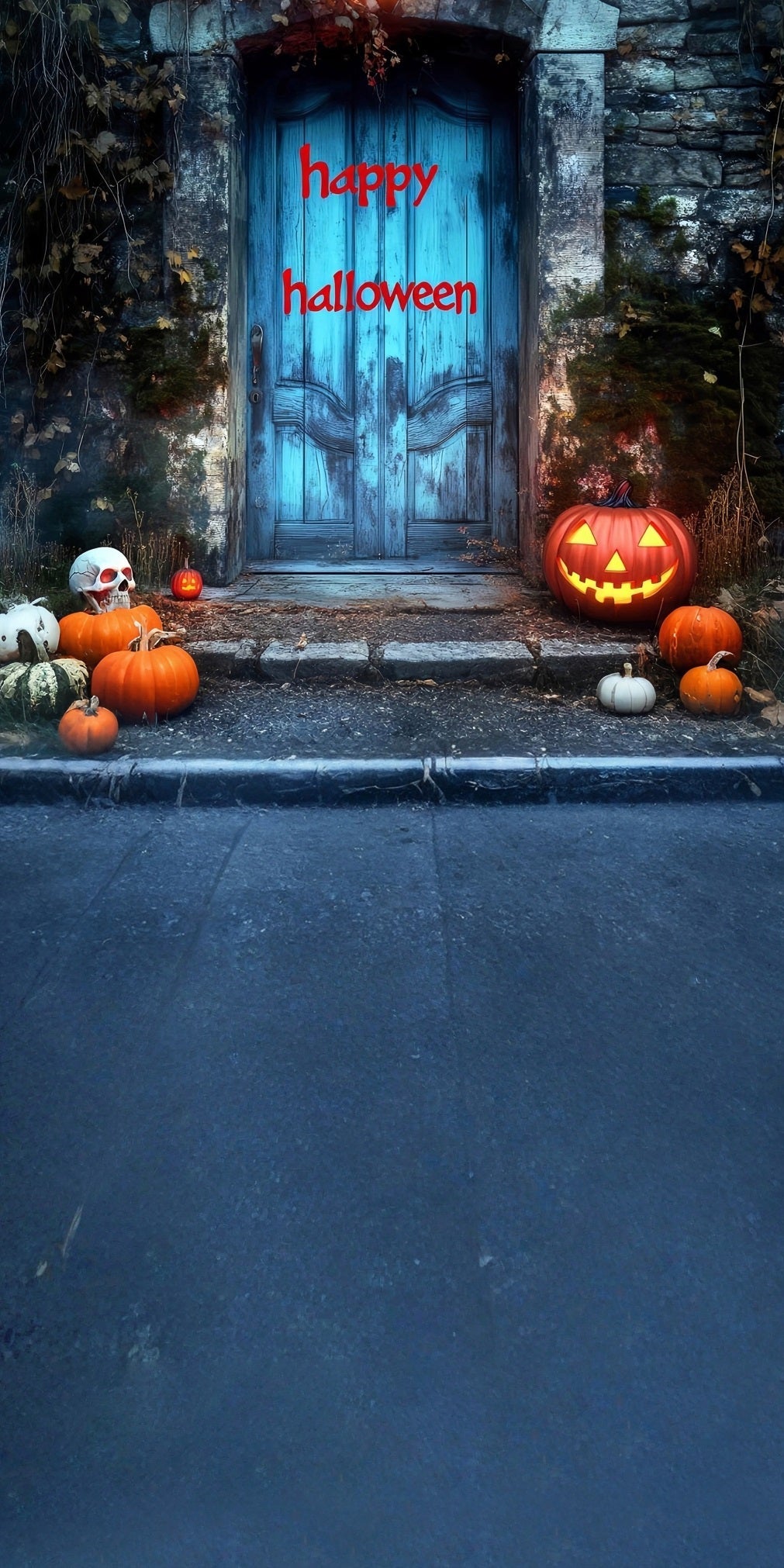 Halloween Photo Backdrops Bloodletter "Happy Halloween" Blue Vintage Door Sweep Backdrop UK MRR8-50