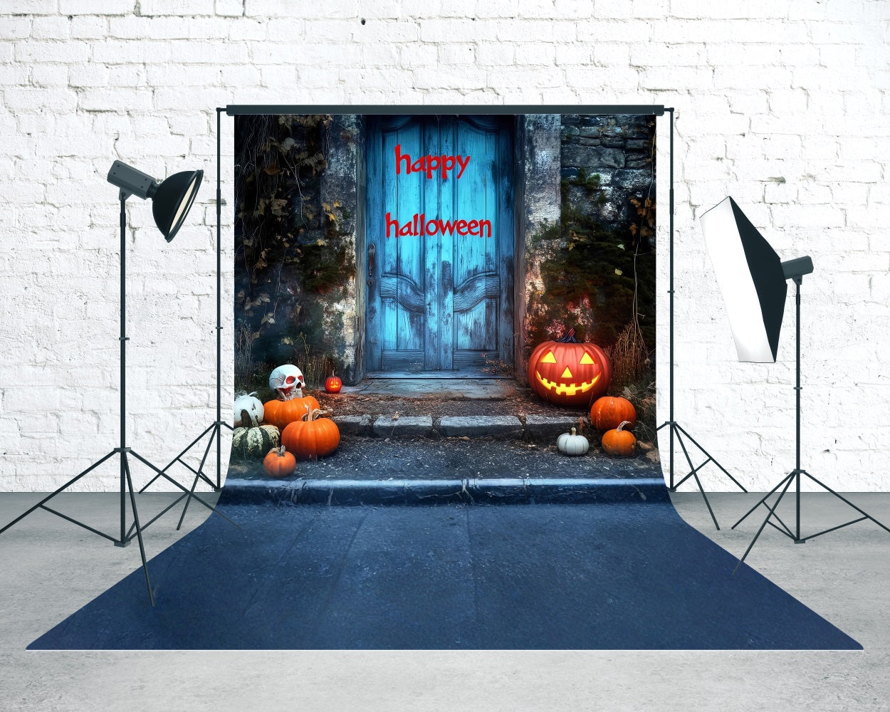 Halloween Photo Backdrops Bloodletter "Happy Halloween" Blue Vintage Door Sweep Backdrop UK MRR8-50