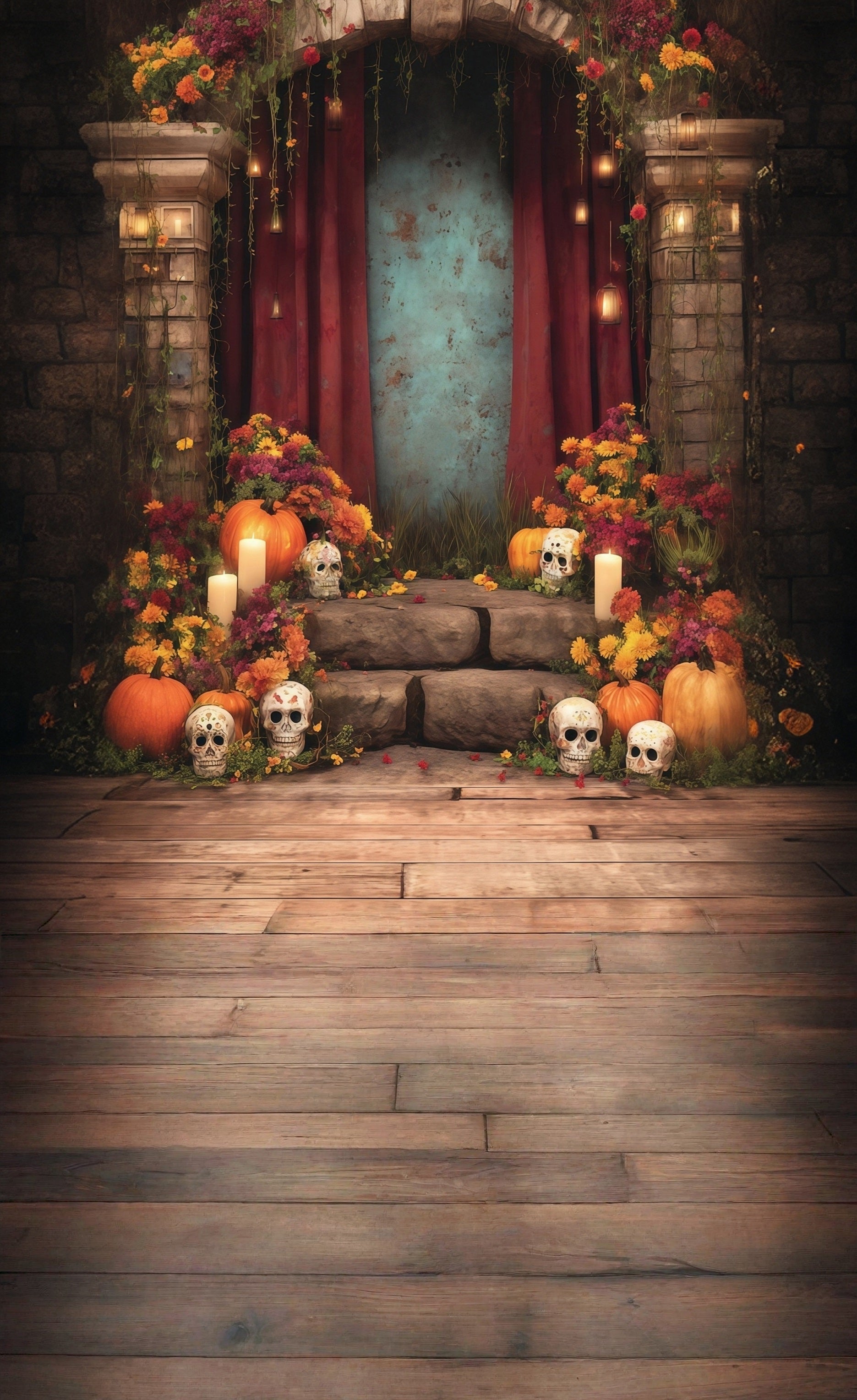 Spooky Halloween Backdrop Tranquil Flowers Candles Adorned Steps Sweep Backdrop UK MRR8-52