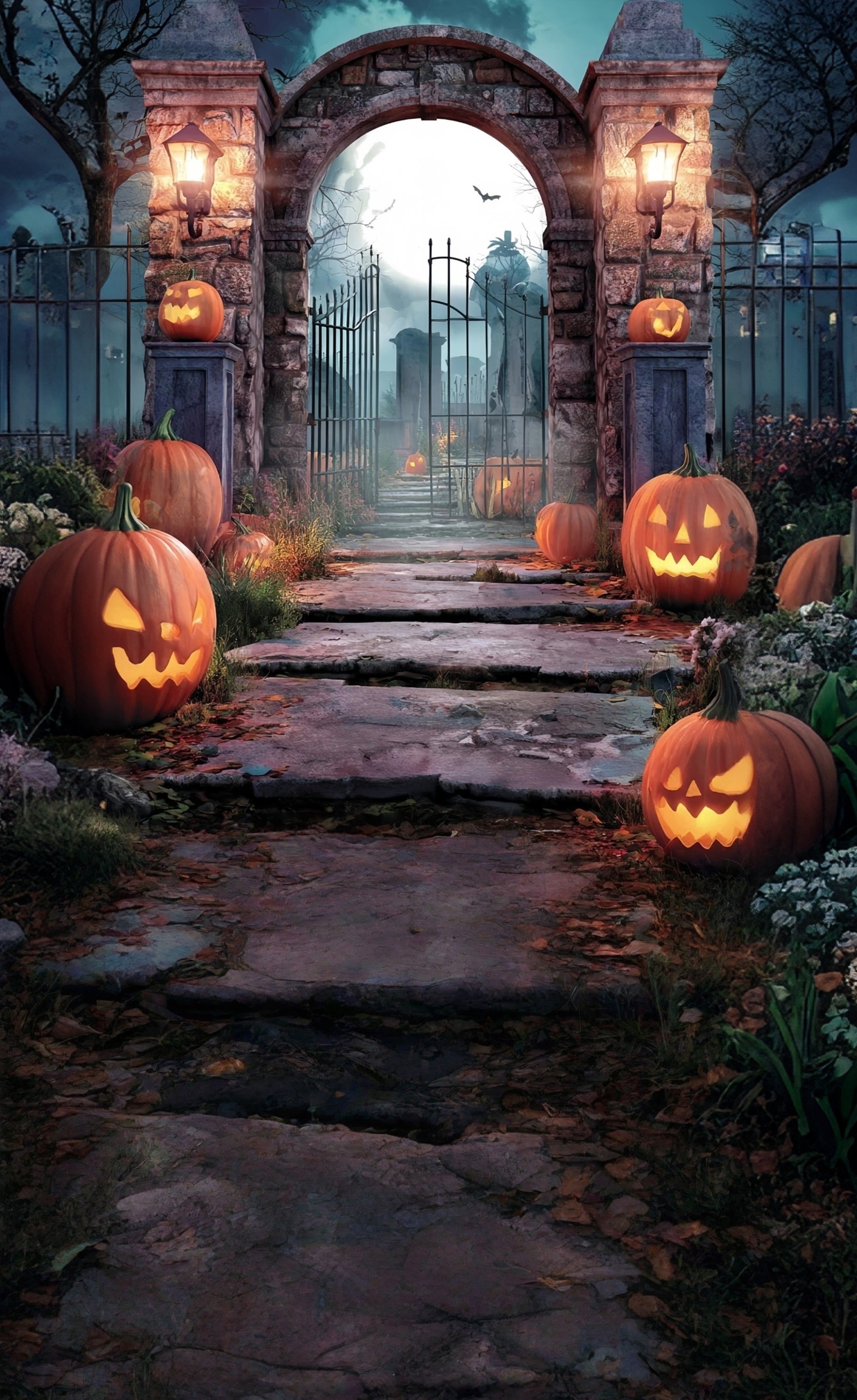 Halloween Graveyard Backdrop Pumpkin Lamps Stone Brick Cemetery Gate Sweep Backdrop UK MRR8-53