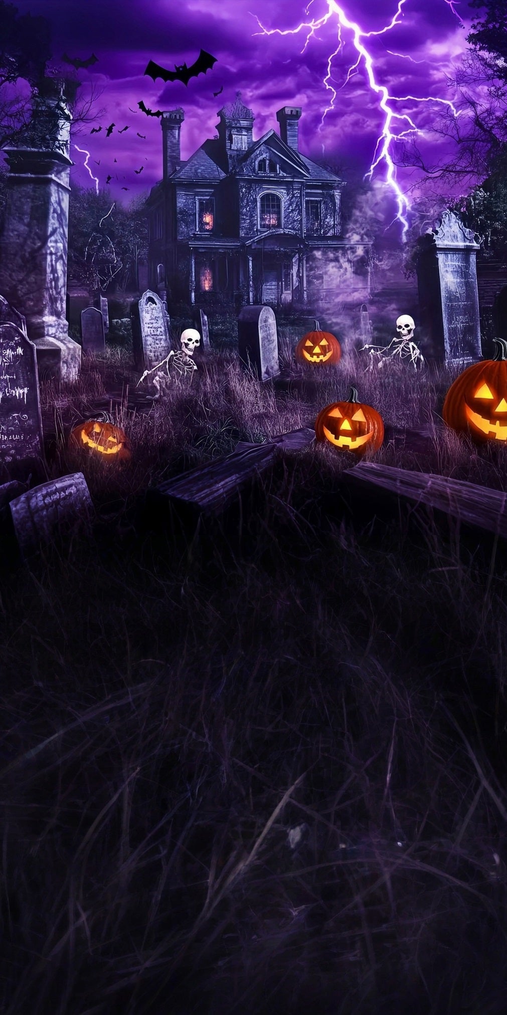 Haunted House Backdrop Lightning Haunted House Graveyard Skeleton Dance Sweep Backdrop UK MRR8-56