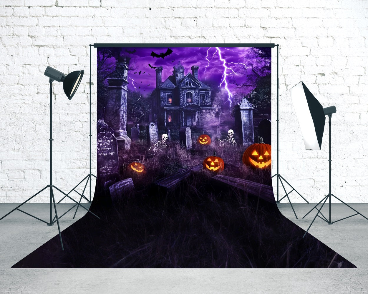 Haunted House Backdrop Lightning Haunted House Graveyard Skeleton Dance Sweep Backdrop UK MRR8-56