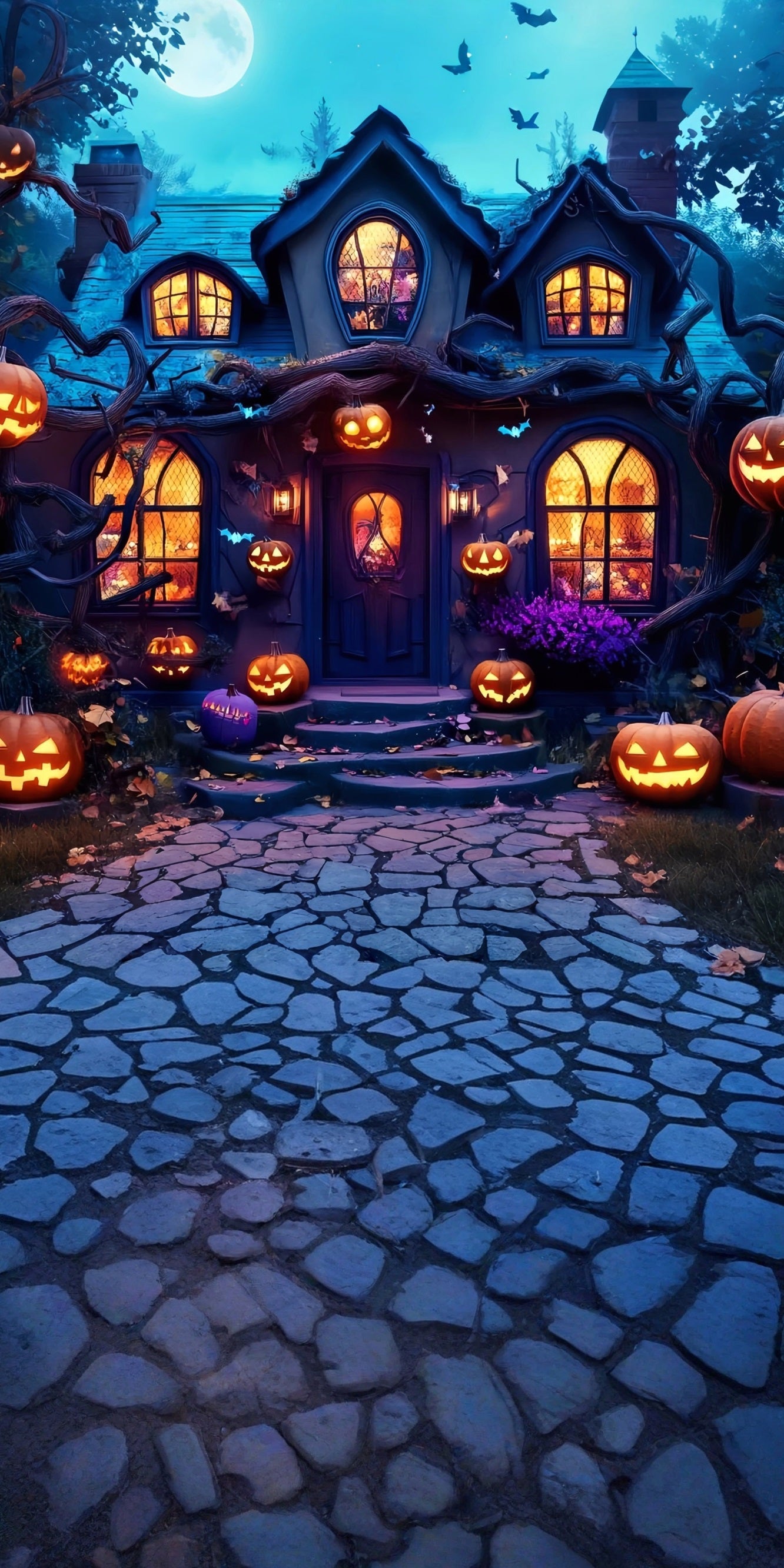 Haunted House Backdrop Moonlit Pumpkin Lamp Enchanted Cottage Sweep Backdrop UK MRR8-57