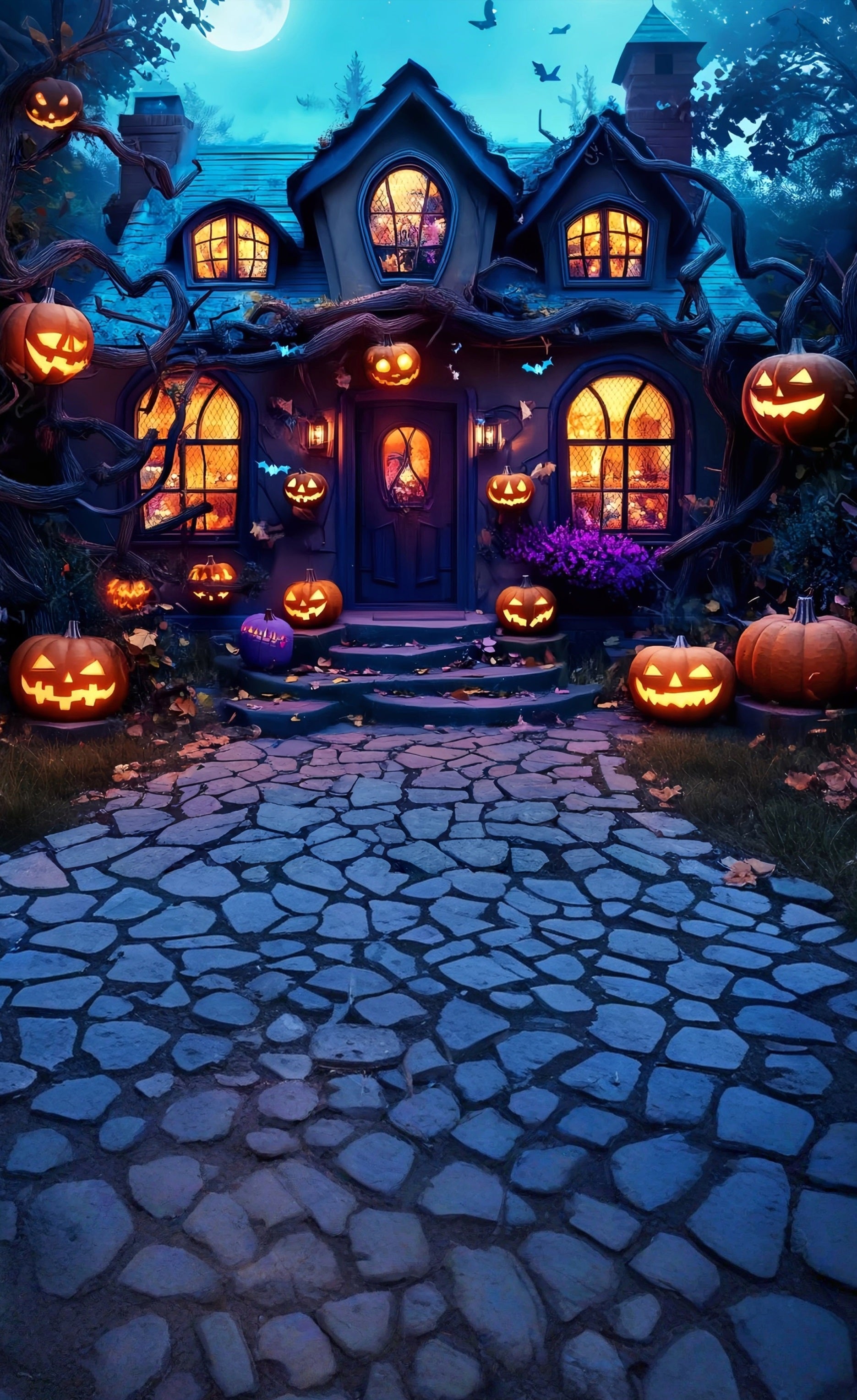 Haunted House Backdrop Moonlit Pumpkin Lamp Enchanted Cottage Sweep Backdrop UK MRR8-57