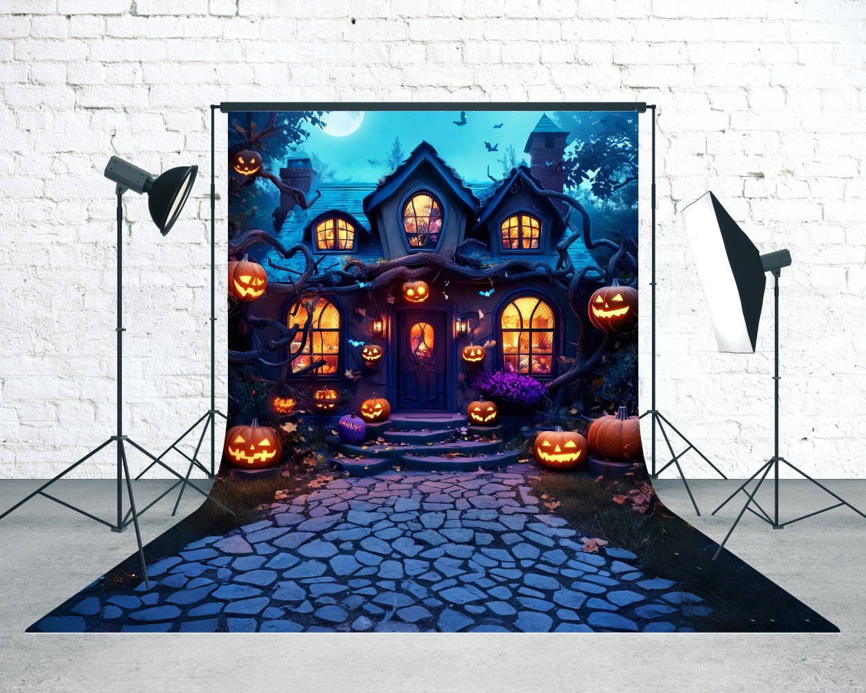 Haunted House Backdrop Moonlit Pumpkin Lamp Enchanted Cottage Sweep Backdrop UK MRR8-57