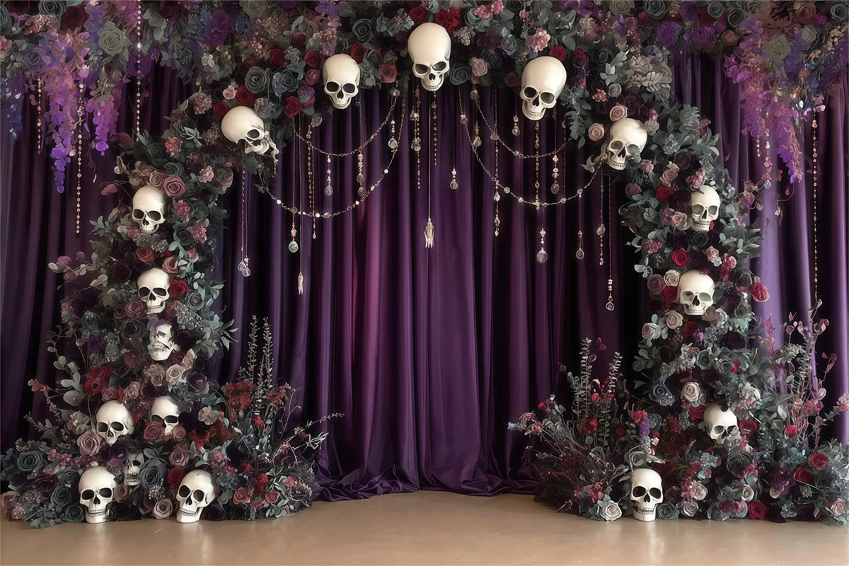 Halloween Photo Backdrop Skull Arch Flower Mystery Purple Halloween Backdrop UK MRR8-6
