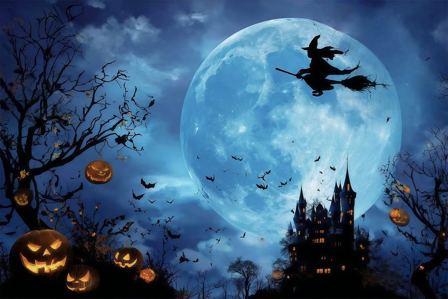 Spooky Halloween Backdrop Mystic Forest Castle Full Moon Witch Halloween Backdrop UK MRR8-7