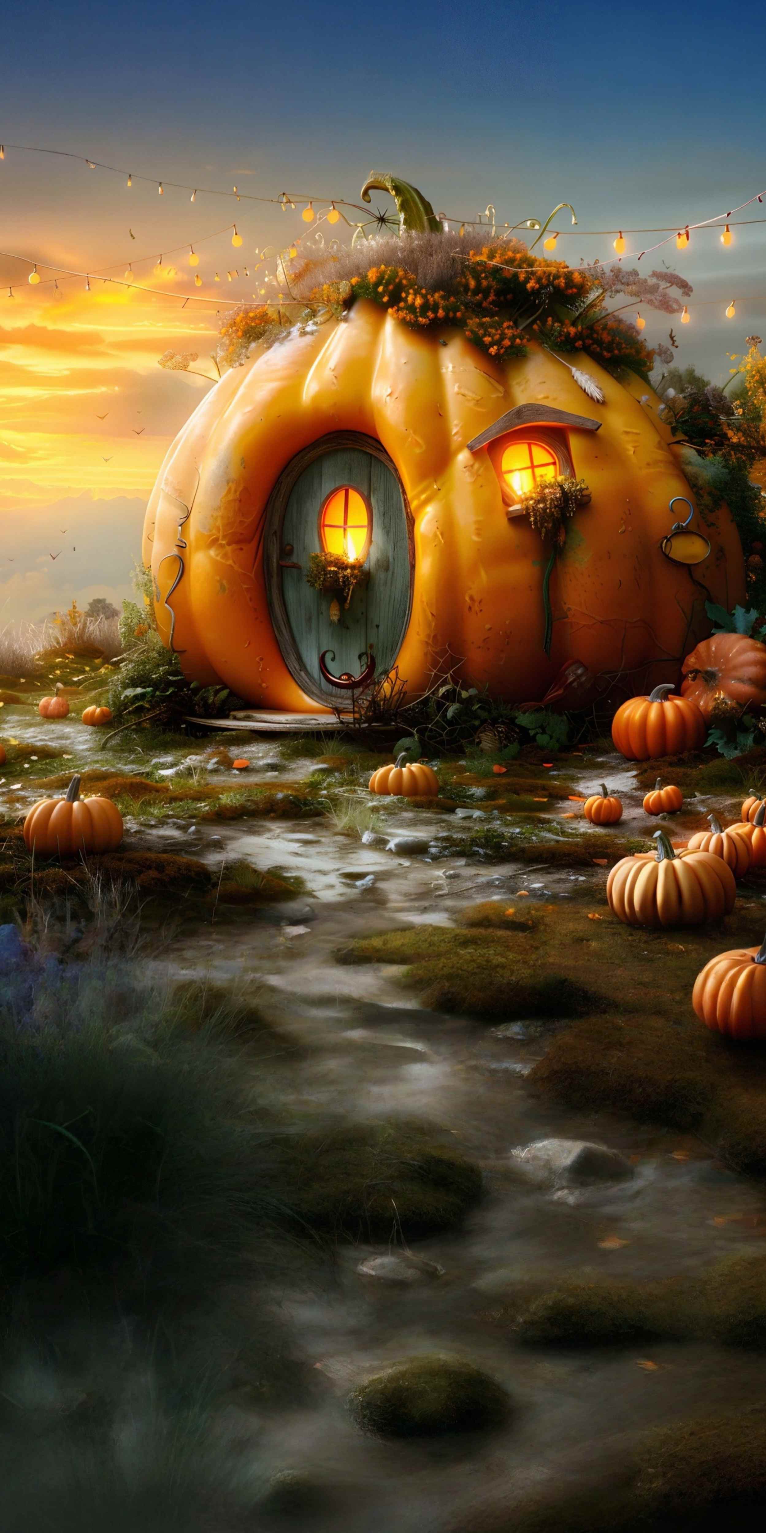 Autumn Photo Backdrop Whimsical Pumpkin Cottage Path Sweep Backdrop UK MRR8-88