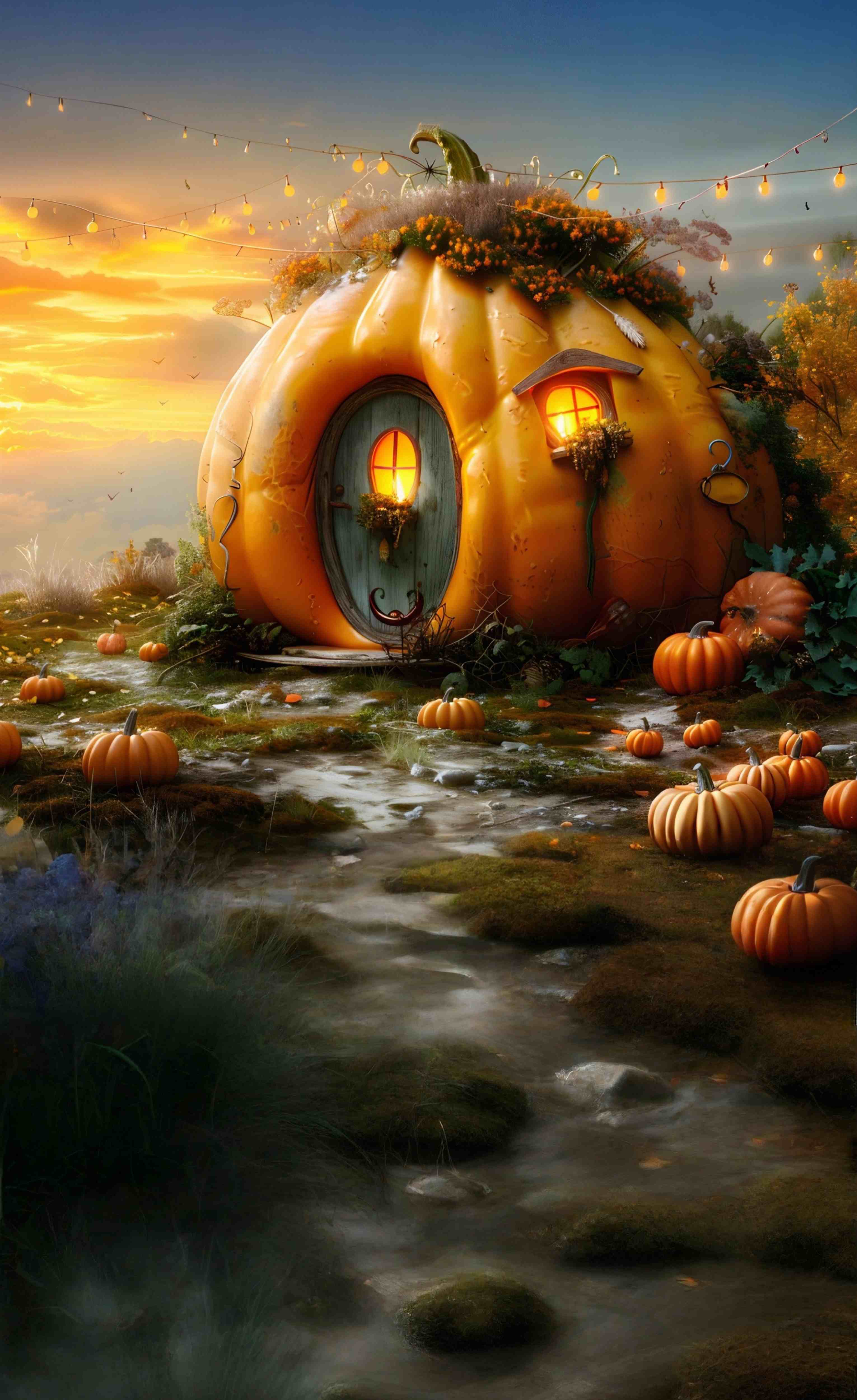 Autumn Photo Backdrop Whimsical Pumpkin Cottage Path Sweep Backdrop UK MRR8-88