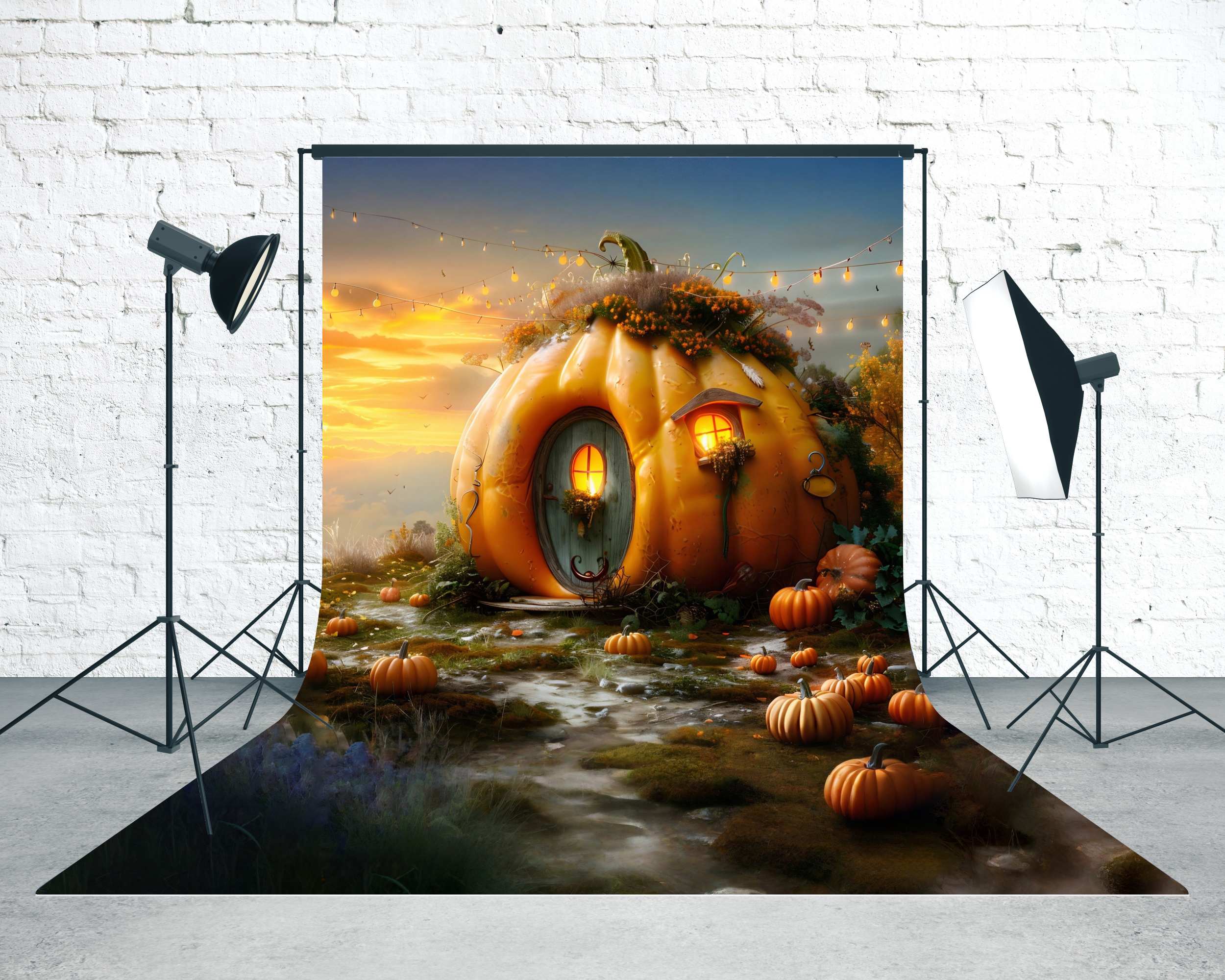 Autumn Photo Backdrop Whimsical Pumpkin Cottage Path Sweep Backdrop UK MRR8-88