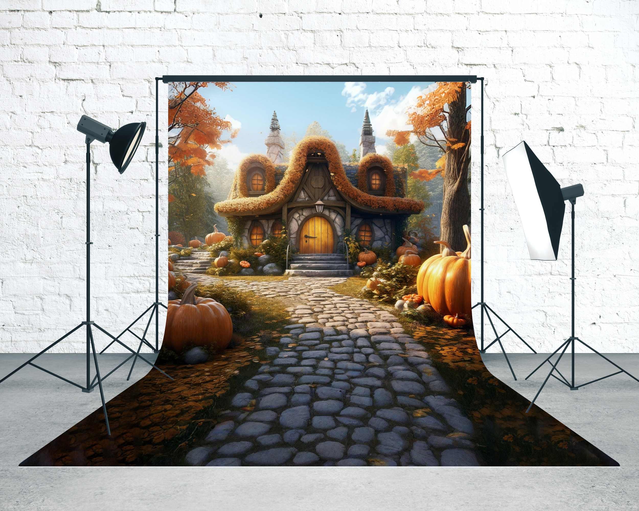 Fall Photo Backdrop Pumpkin Cottage Pathway Sweep Backdrop UK MRR8-91