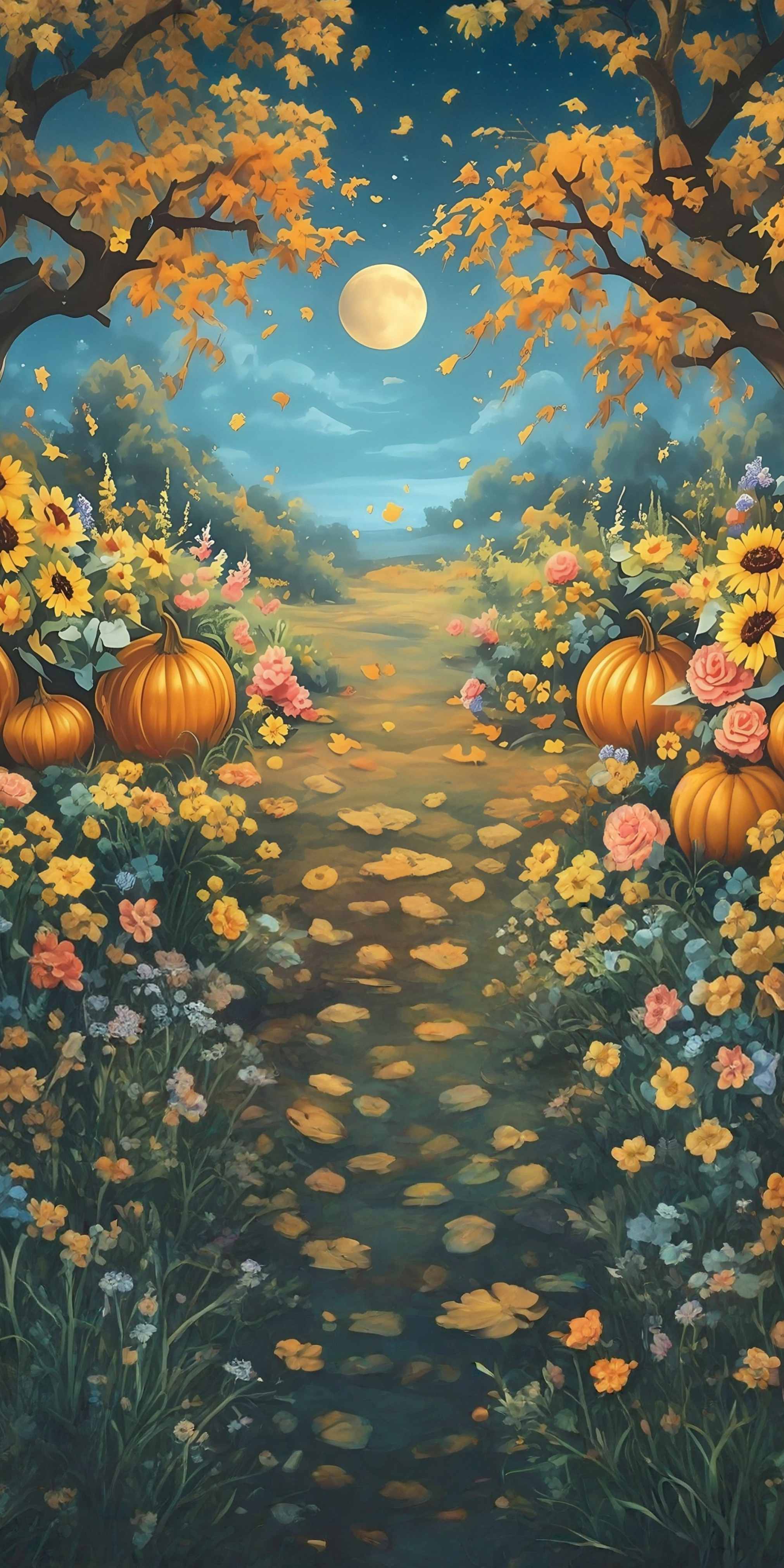 Fall Photo Backdrop Moonlight Pumpkin Garden Path Sweep Backdrop UK MRR8-97