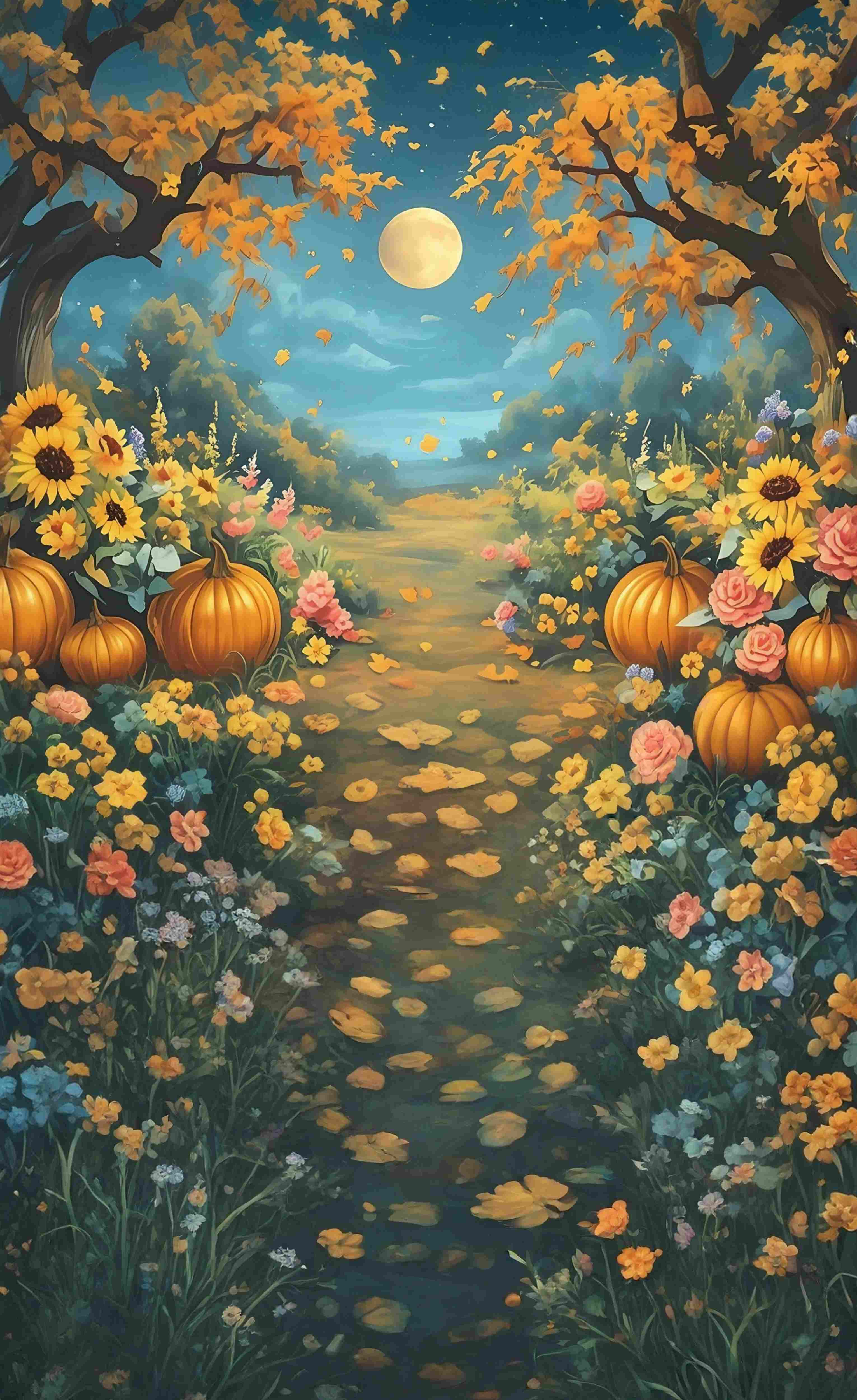 Fall Photo Backdrop Moonlight Pumpkin Garden Path Sweep Backdrop UK MRR8-97