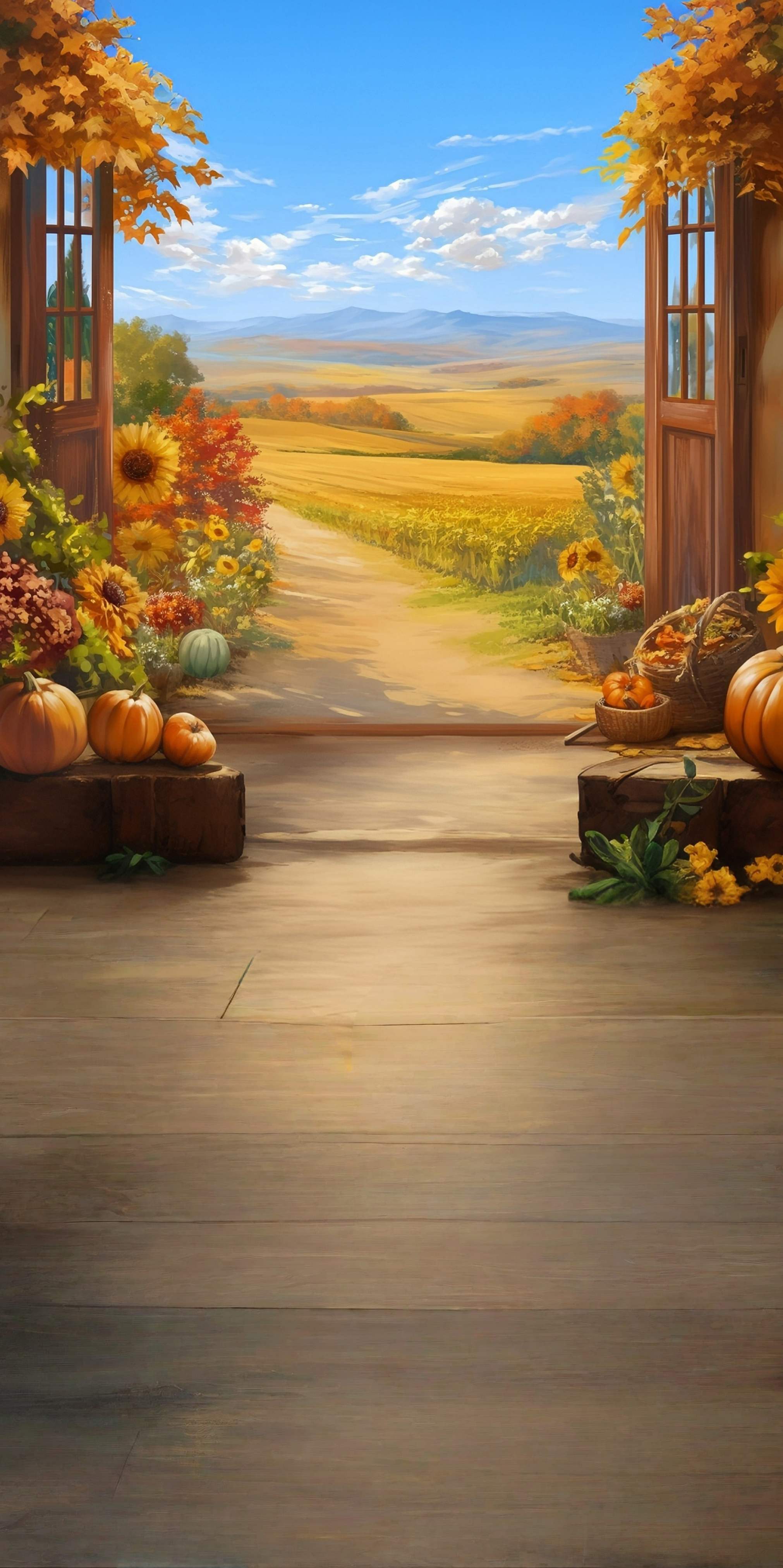 Fall Leaves Backdrop Autumn Window View Farm Trail Sweep Backdrop UK MRR8-98