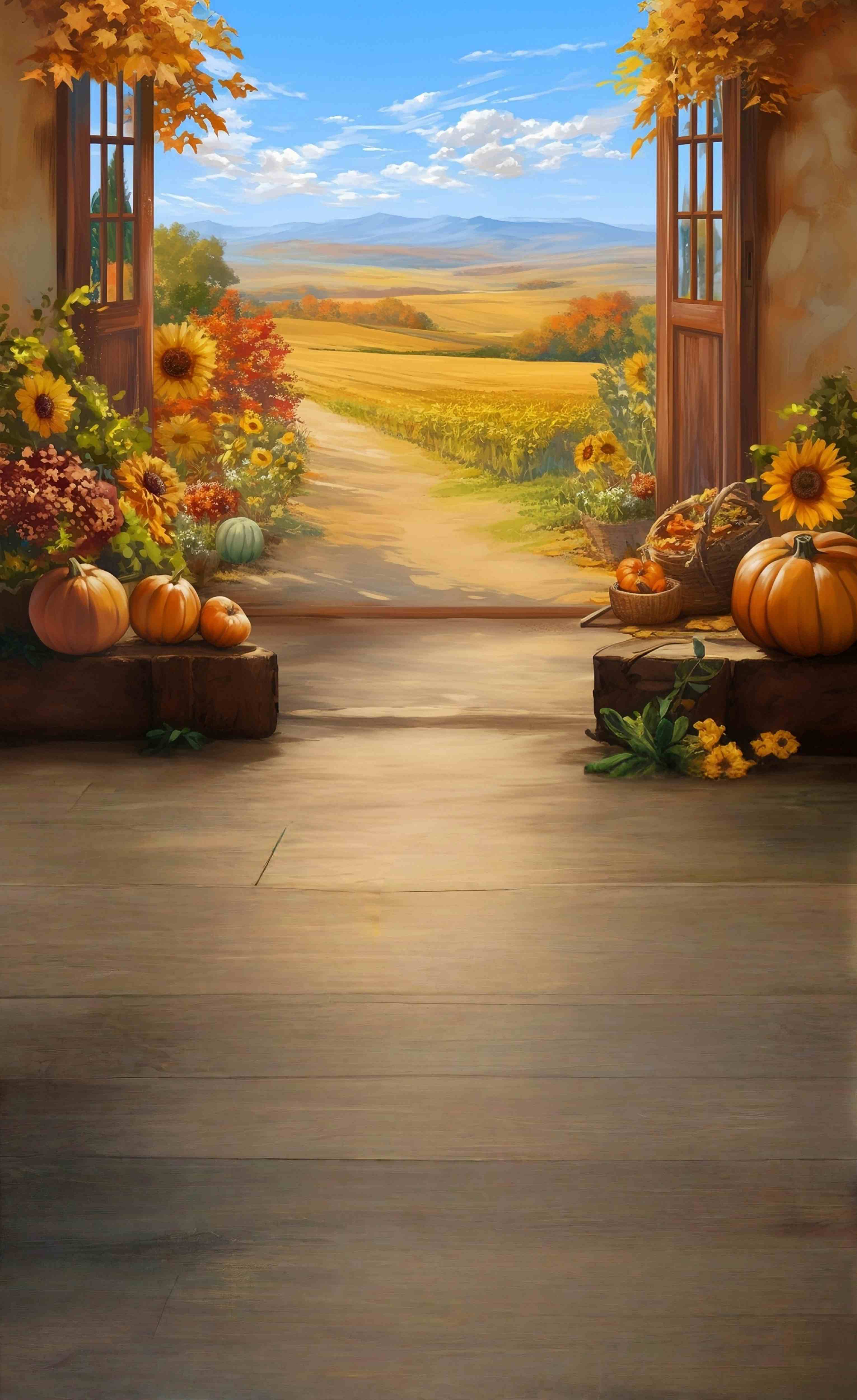 Fall Leaves Backdrop Autumn Window View Farm Trail Sweep Backdrop UK MRR8-98