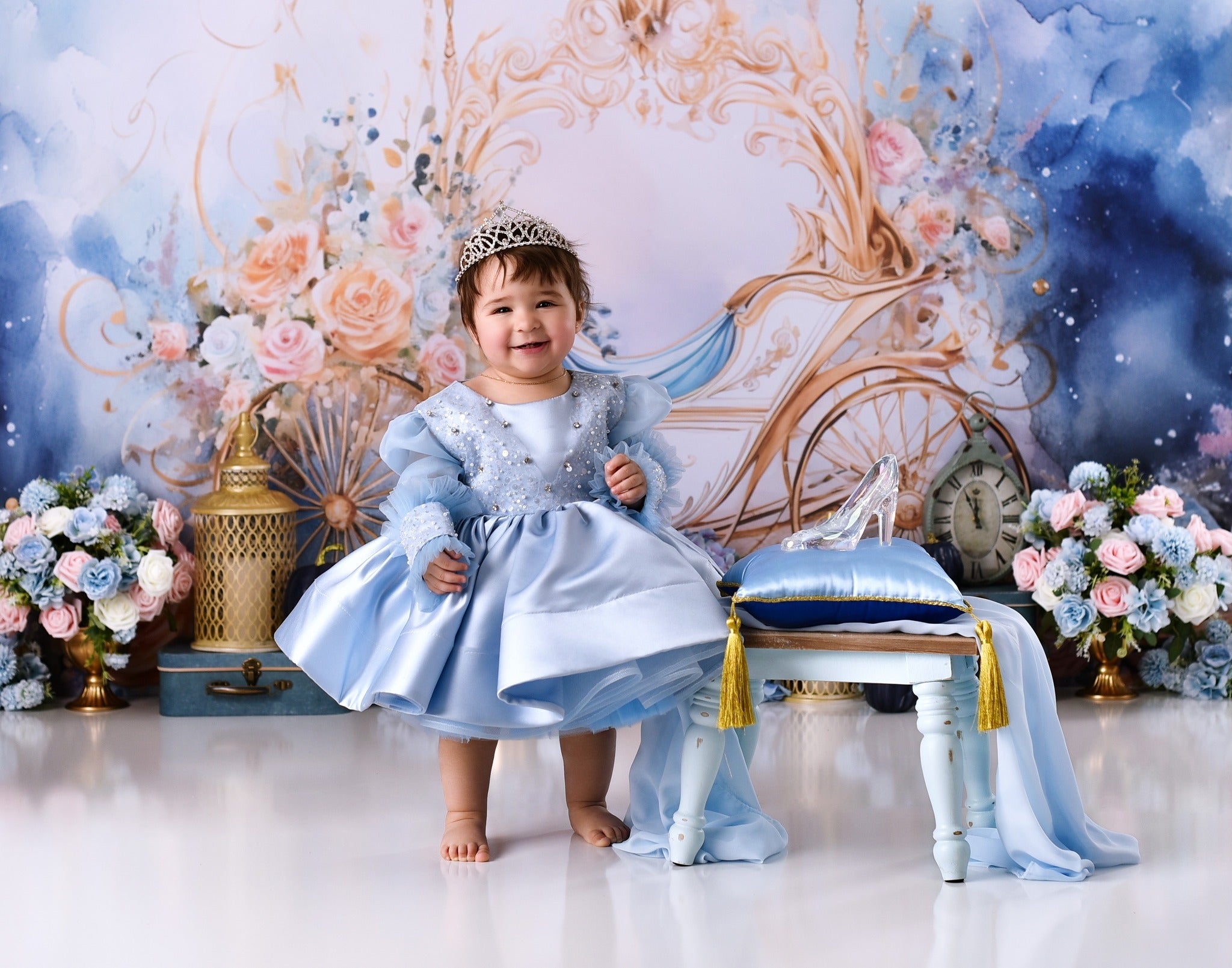 Newborn Photo Backdrop Golden Carriage Floral Fantasy Kids Backdrop UK MRR9-18