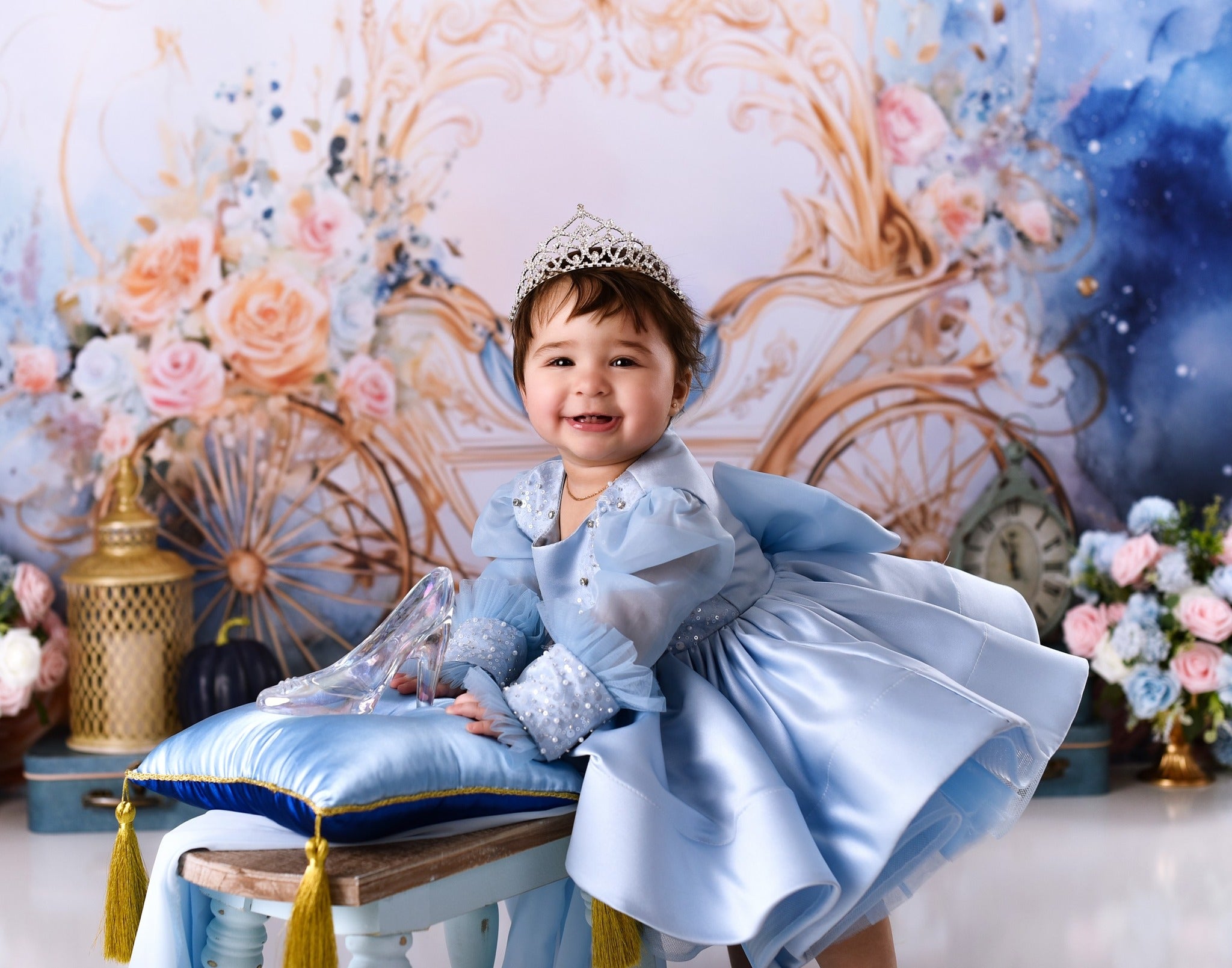 Newborn Photo Backdrop Golden Carriage Floral Fantasy Kids Backdrop UK MRR9-18
