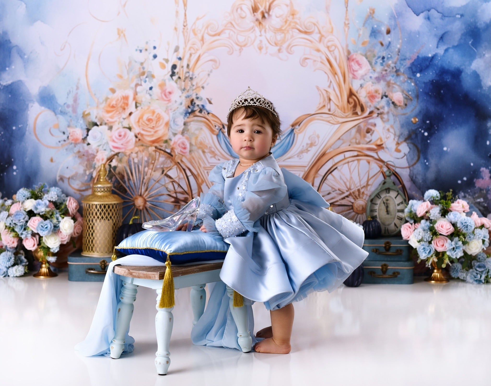 Newborn Photo Backdrop Golden Carriage Floral Fantasy Kids Backdrop UK MRR9-18