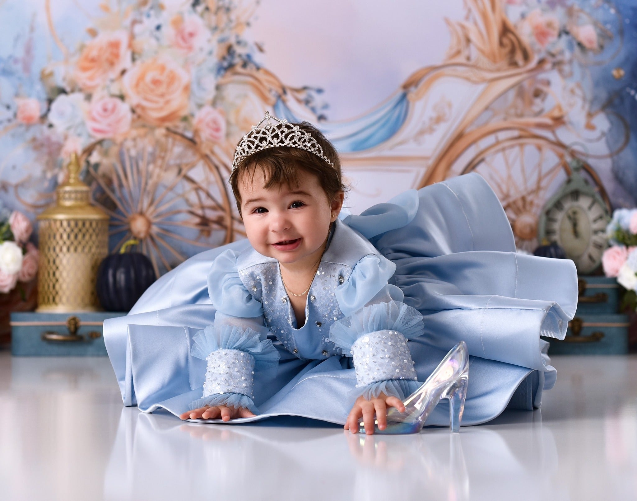 Newborn Photo Backdrop Golden Carriage Floral Fantasy Kids Backdrop UK MRR9-18