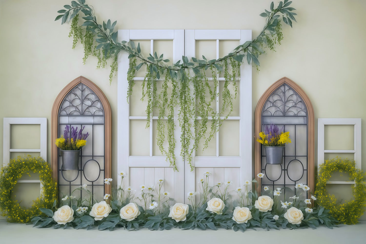 Spring Floral Backdrop Yellow Greenery Window Floral Garland Spring Backdrop Ideas UK MRR9-3