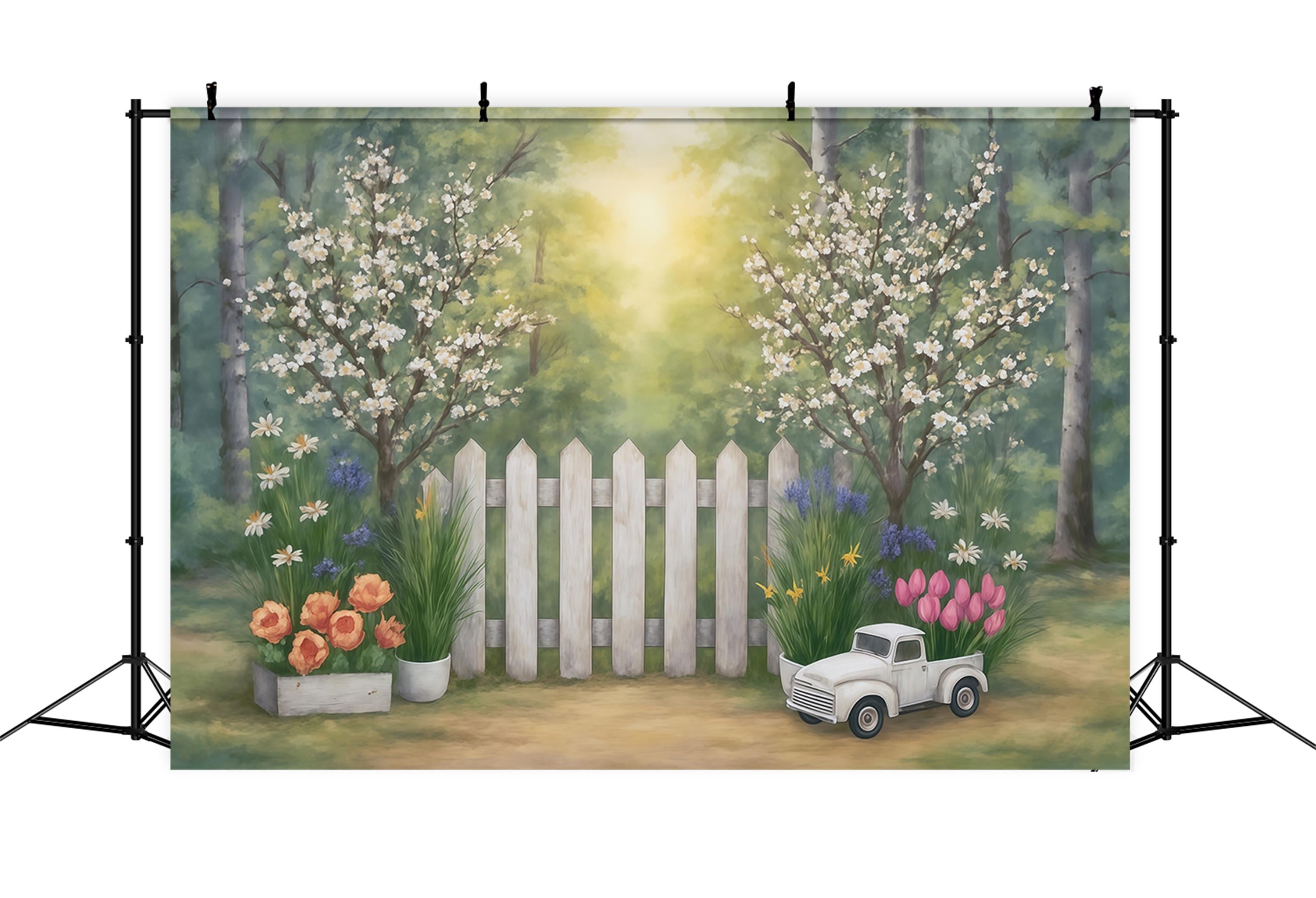 Fine Art Backdrops Spring Garden Fence Flowers Truck Artistic Backdrop UK MRR9-34