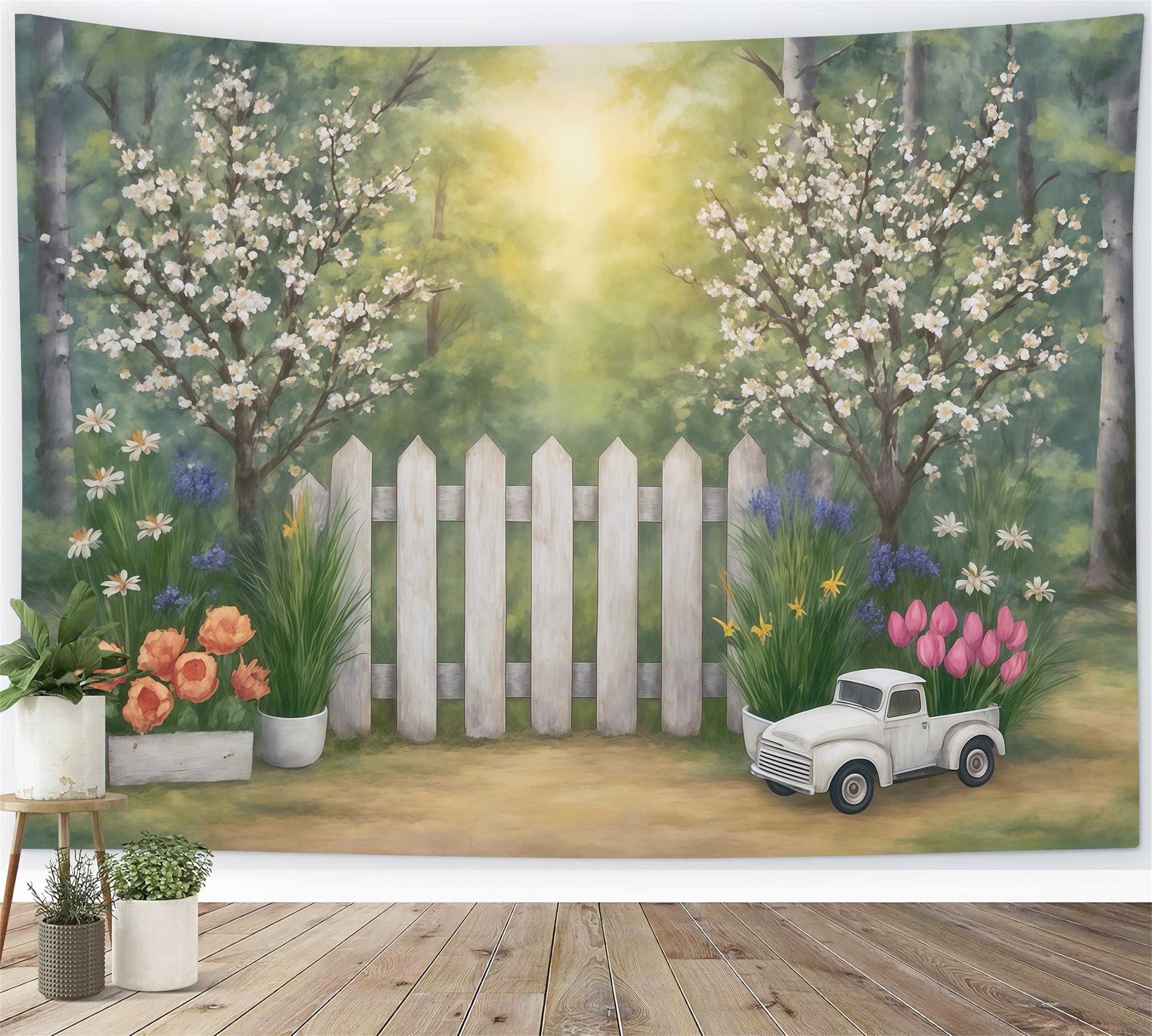 Fine Art Backdrops Spring Garden Fence Flowers Truck Artistic Backdrop UK MRR9-34