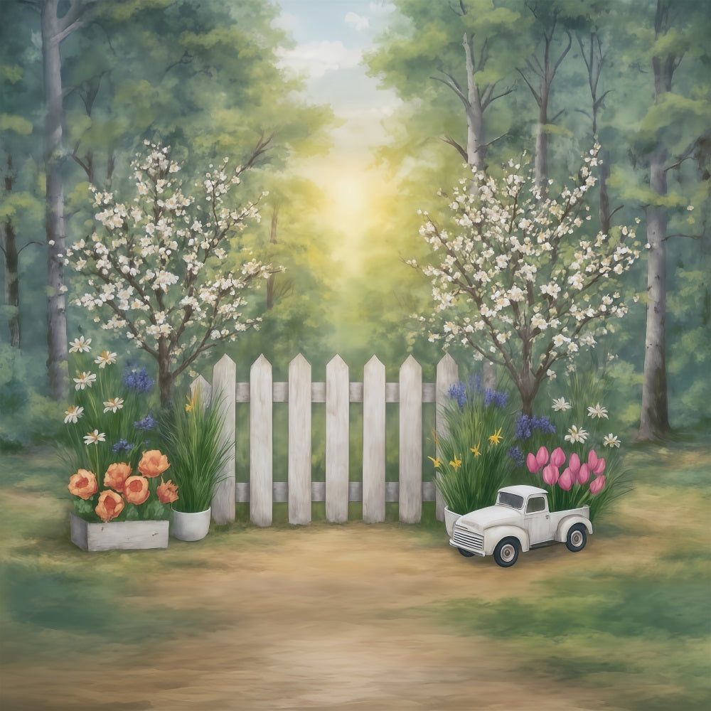 Fine Art Backdrops Spring Garden Fence Flowers Truck Artistic Backdrop UK MRR9-34