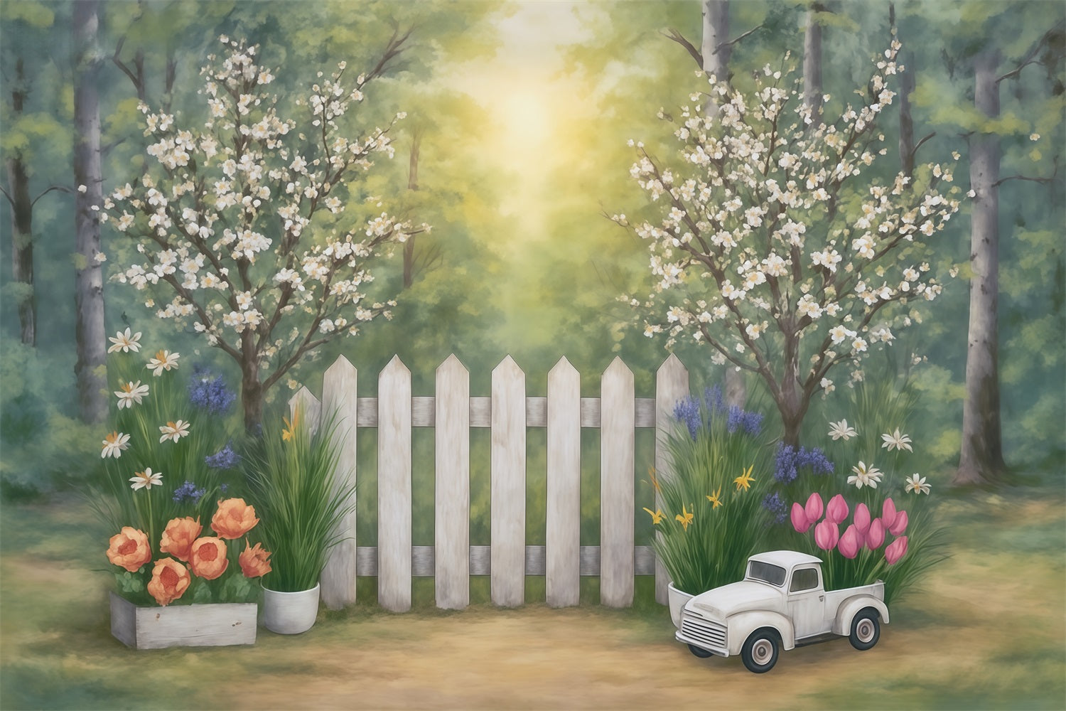 Fine Art Backdrops Spring Garden Fence Flowers Truck Artistic Backdrop UK MRR9-34