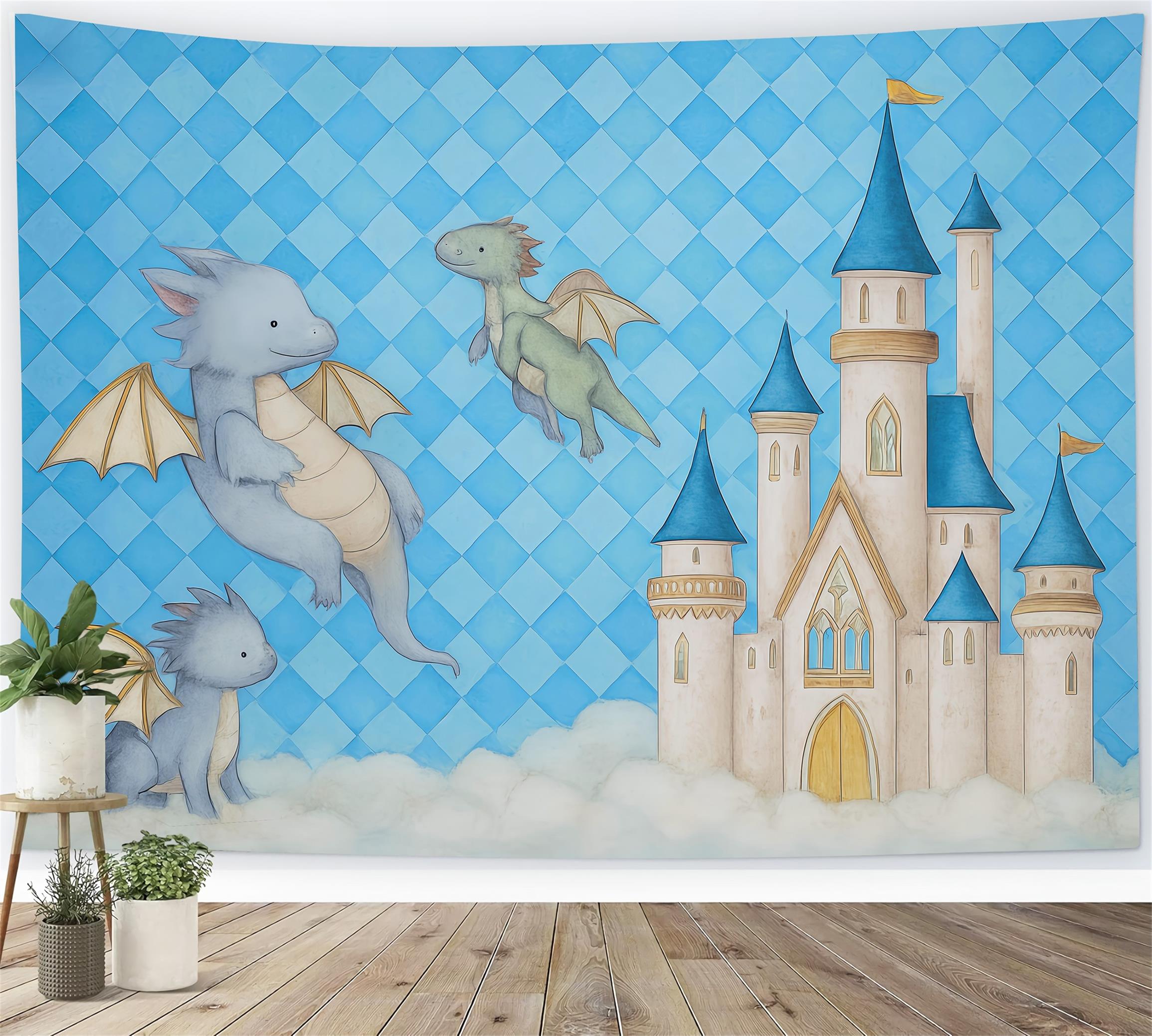 Castle Backdrop Flying Dragons Blue Castle Clouds Newborn Photography Backdrop UK MRR9-44
