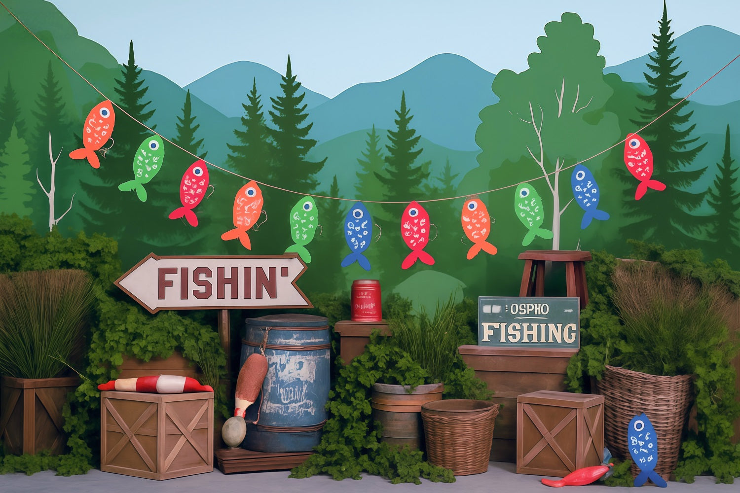 Forest Backdrop Lakeside Forest Fishing Party Setup Kids Photo Backdrop UK MRR9-49