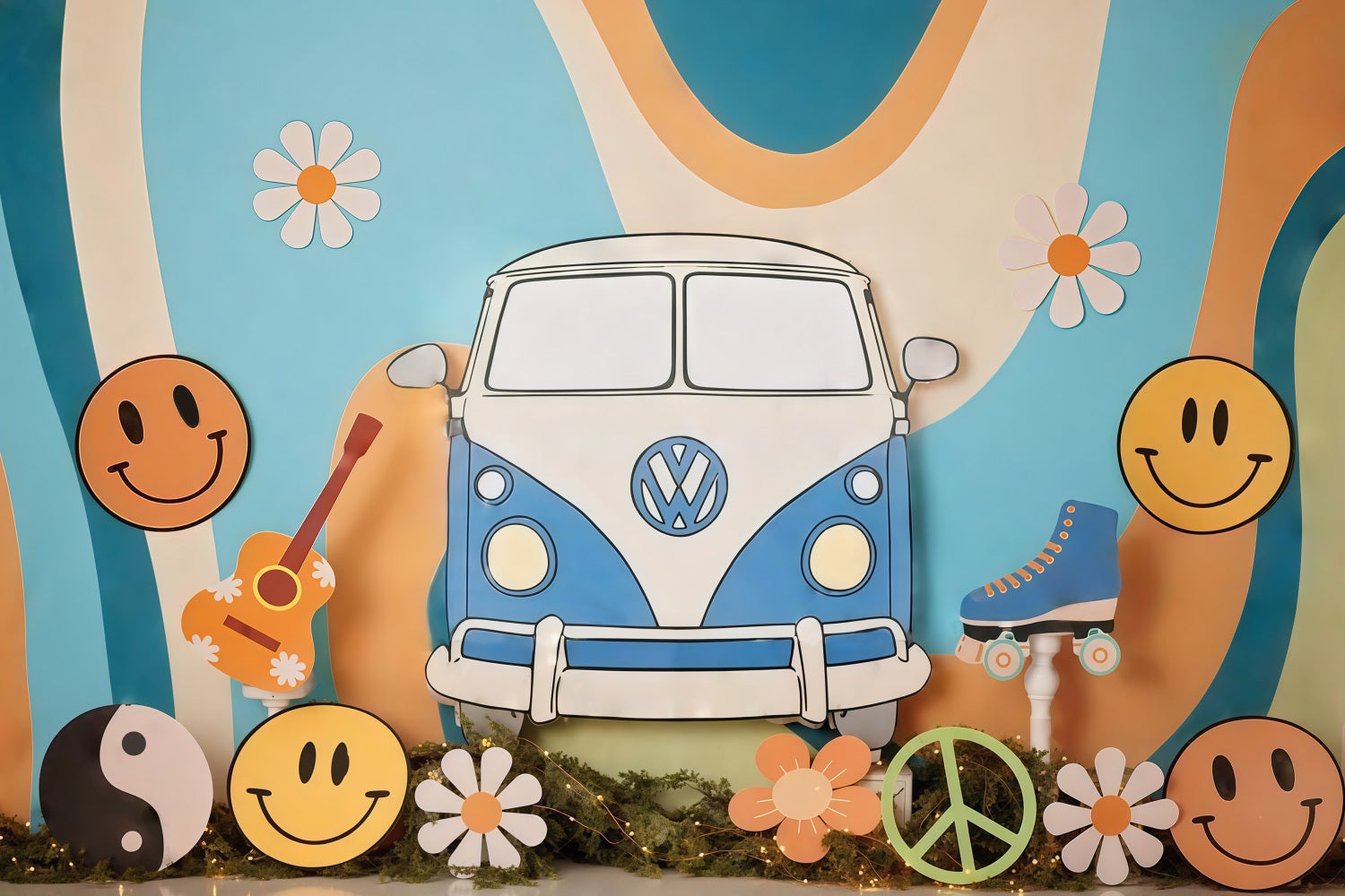 Birthday Backdrop Retro Hippie Van Smiley Symbols Cake Smash Backdrop UK MRR9-57