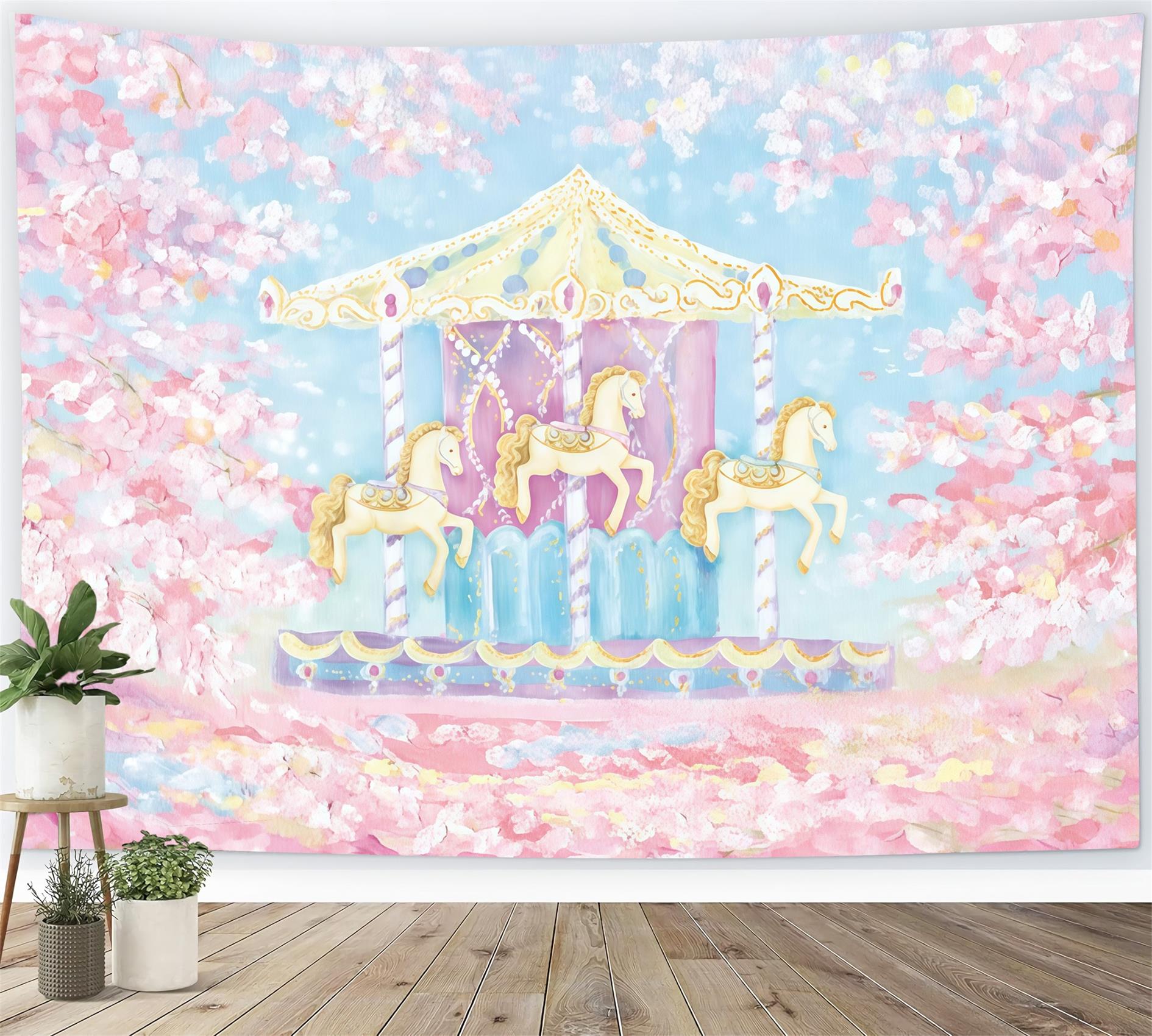 Children Backdrops Carousel Horses Cherry Blossom Newborn Photography Backdrop UK MRR9-59