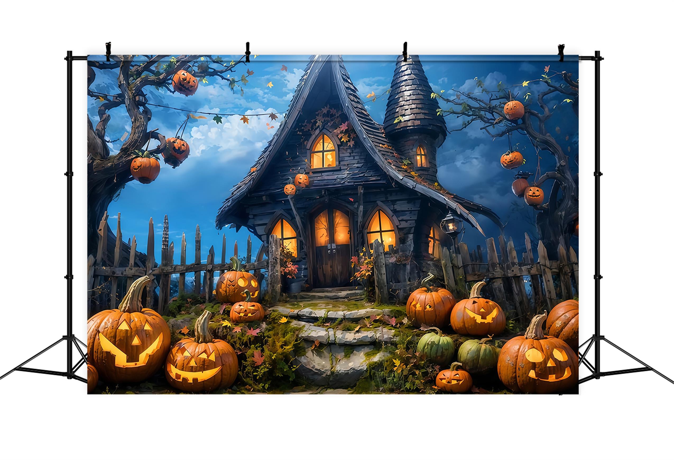 Halloween Backdrop Haunted Pumpkin Cottage Night Halloween Photo Backdrop UK MRR9-68
