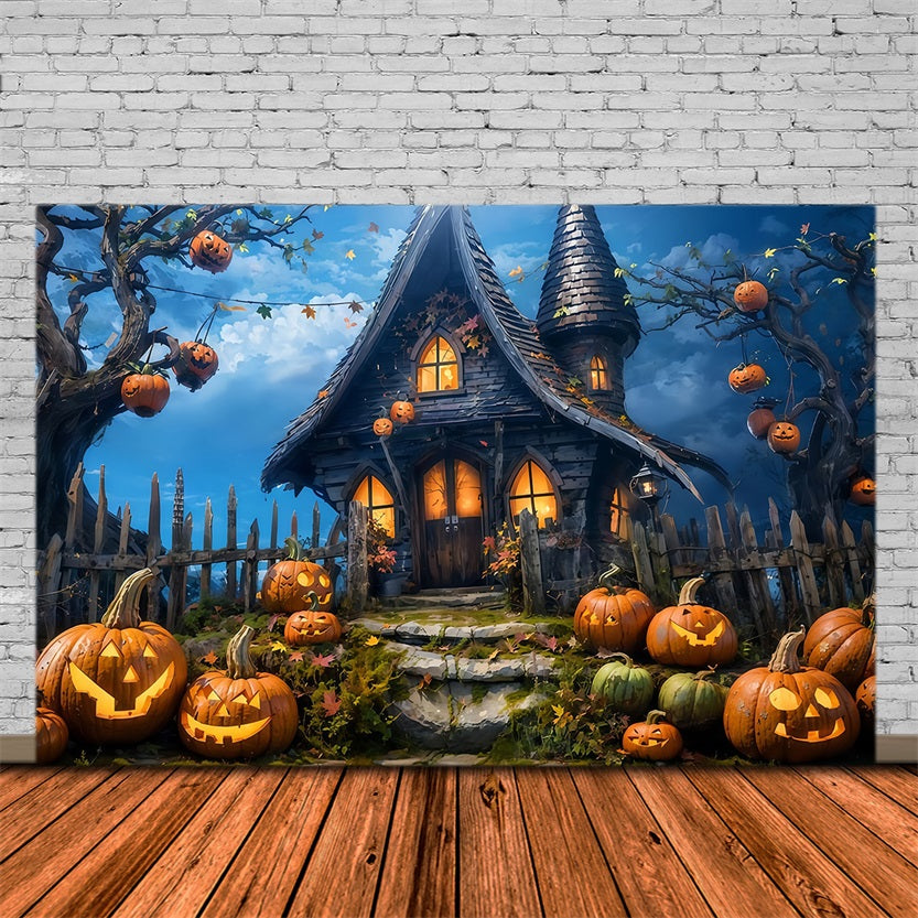 Halloween Backdrop Haunted Pumpkin Cottage Night Halloween Photo Backdrop UK MRR9-68