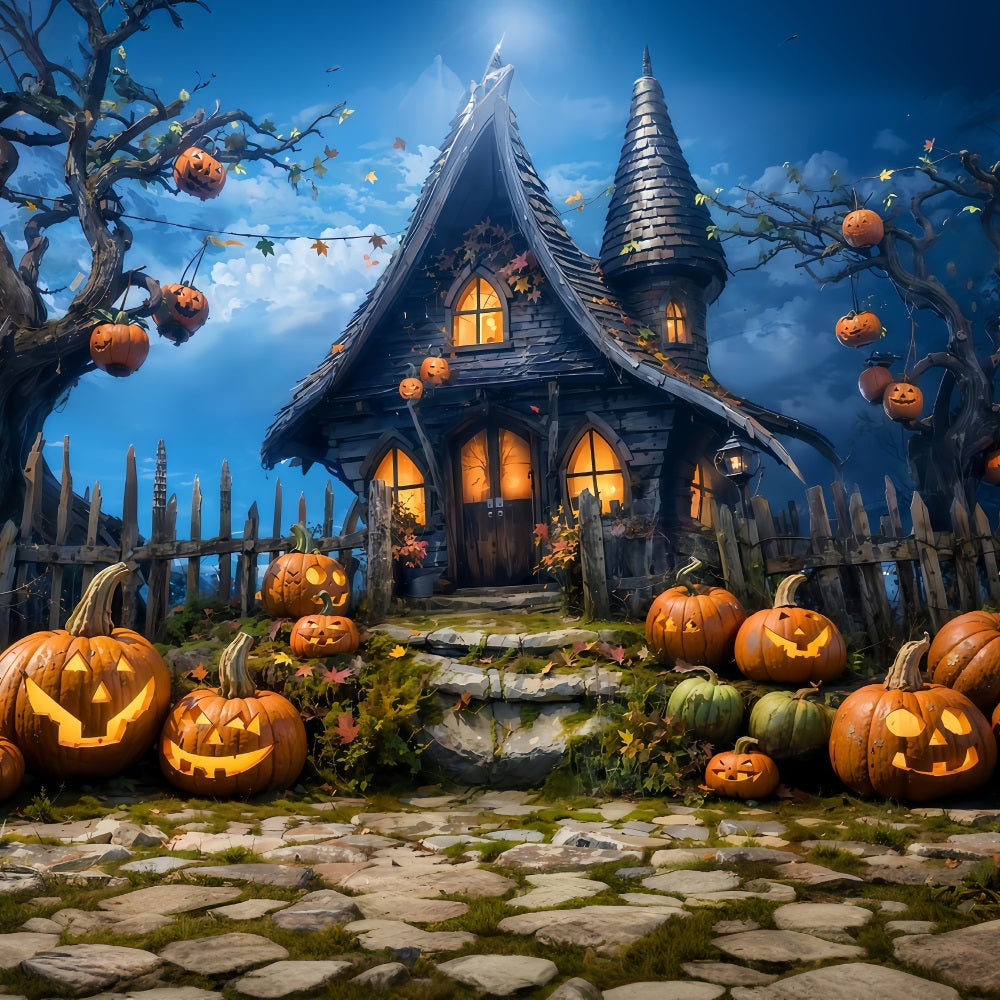 Halloween Backdrop Haunted Pumpkin Cottage Night Halloween Photo Backdrop UK MRR9-68