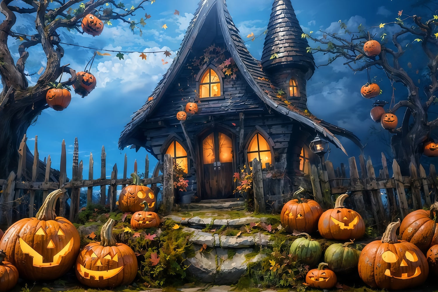 Halloween Backdrop Haunted Pumpkin Cottage Night Halloween Photo Backdrop UK MRR9-68