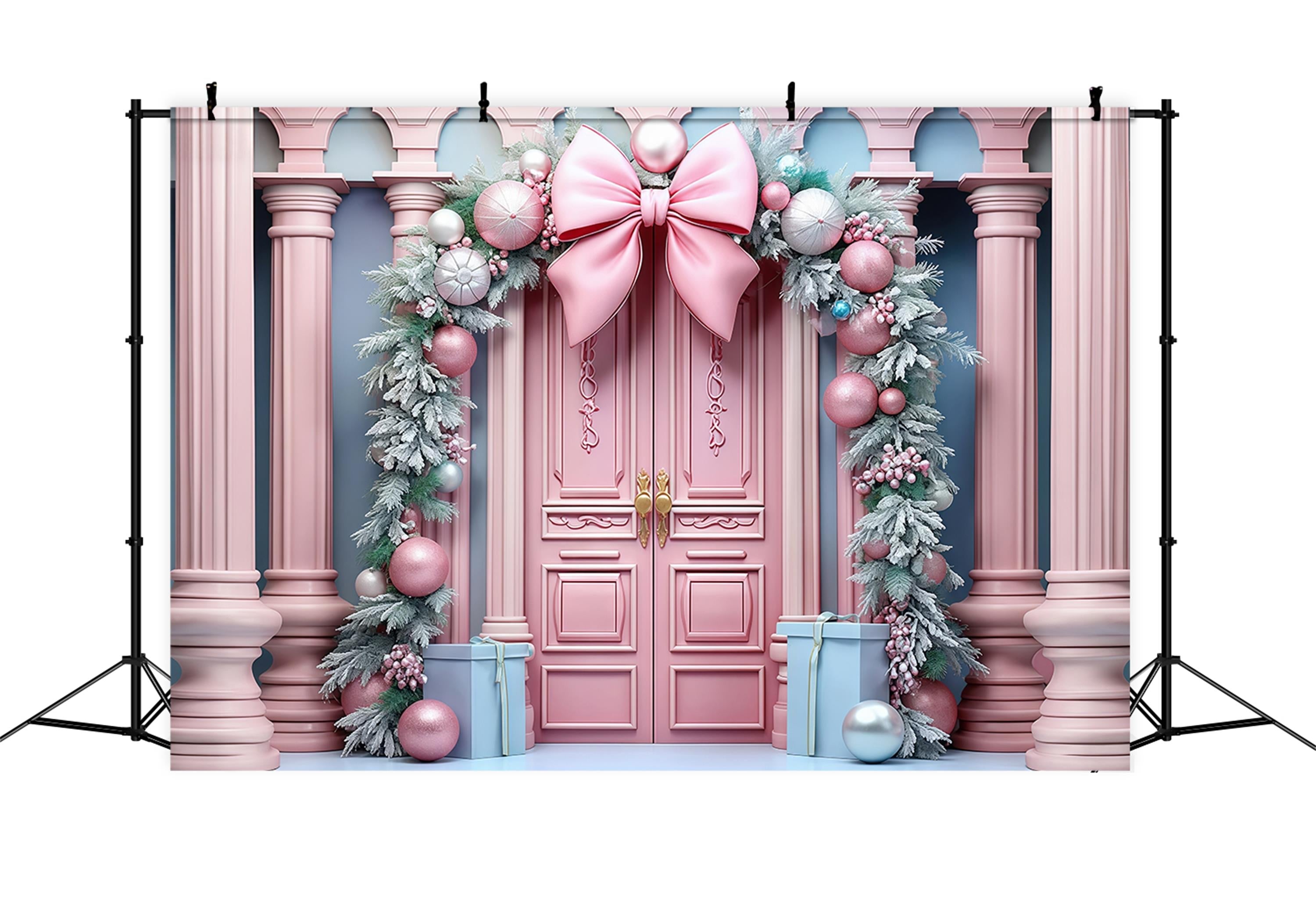 Pink Christmas Backdrop Pink Door Bow Garland Christmas Backdrop UK MRR9-70