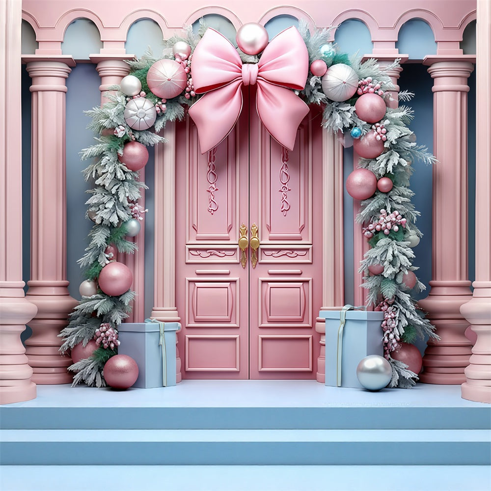 Pink Christmas Backdrop Pink Door Bow Garland Christmas Backdrop UK MRR9-70