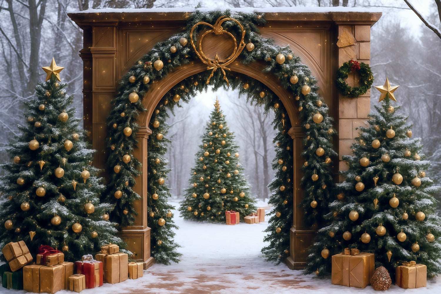 Christmas Tree Backdrop Snowy Forest Arch Door Christmas Photo Backdrop UK MRR9-77