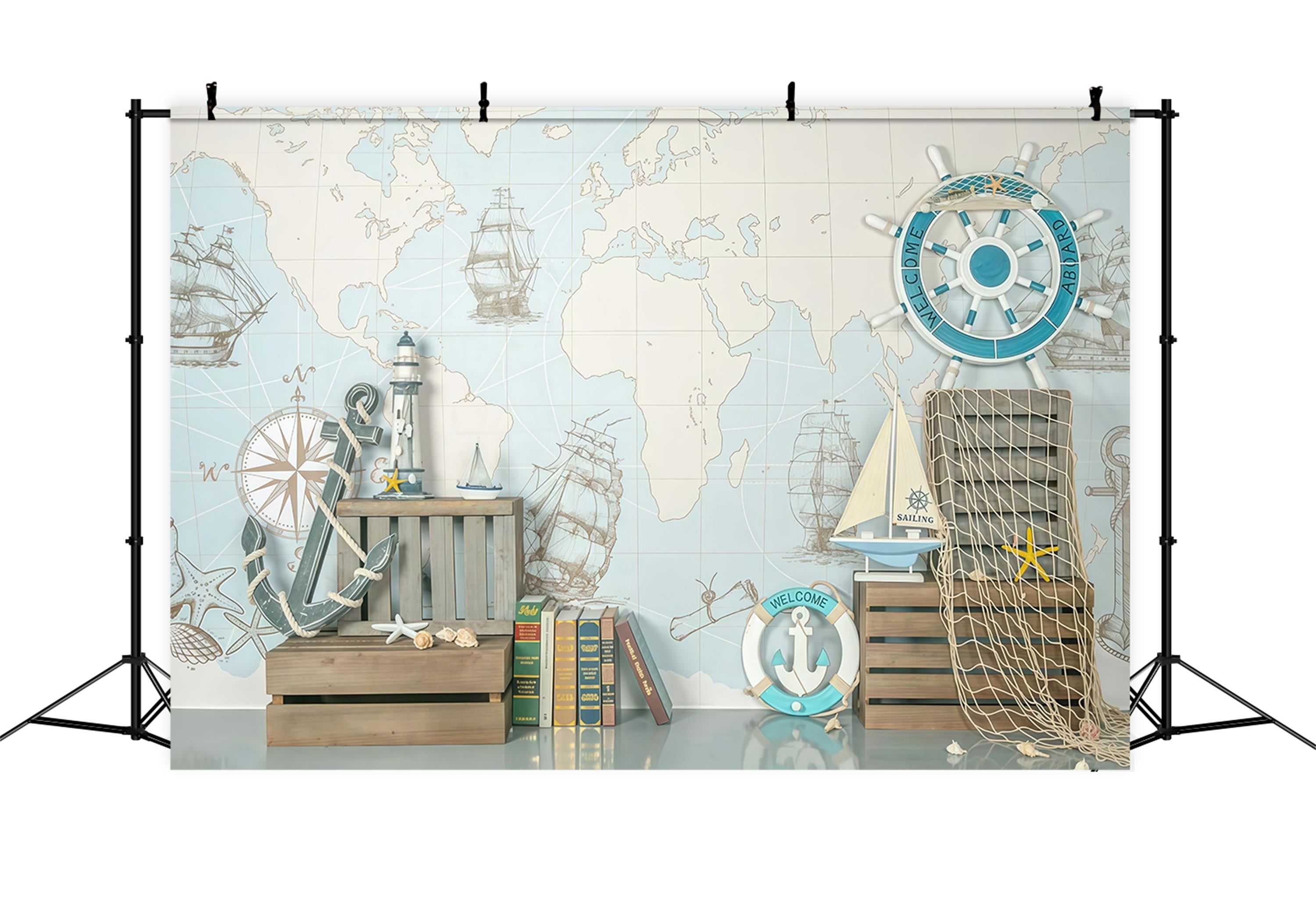 Newborn Backdrop Nautical Map Ships Helm Decor Kids Photo Backdrop UK MRR9-82