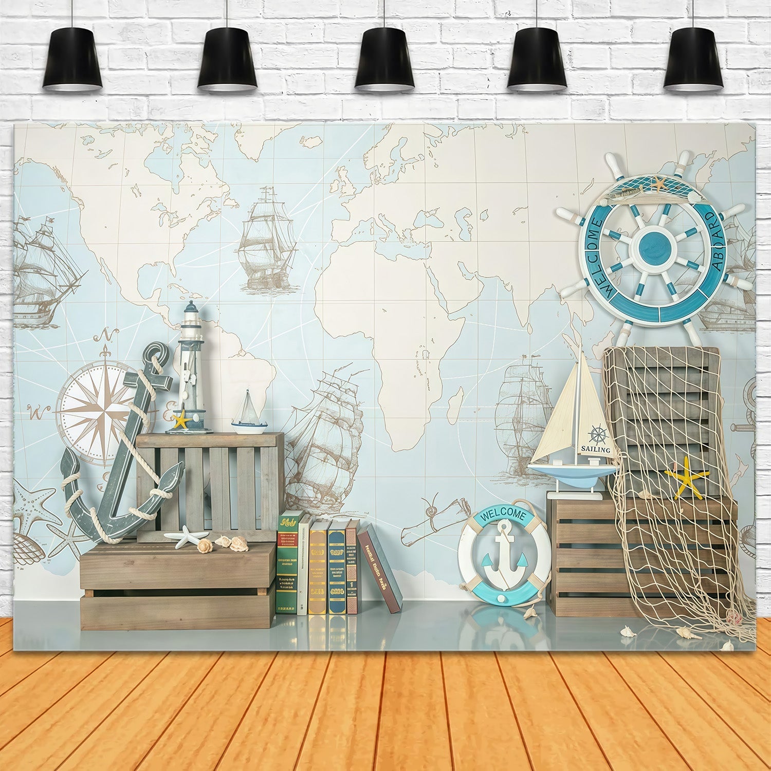 Newborn Backdrop Nautical Map Ships Helm Decor Kids Photo Backdrop UK MRR9-82