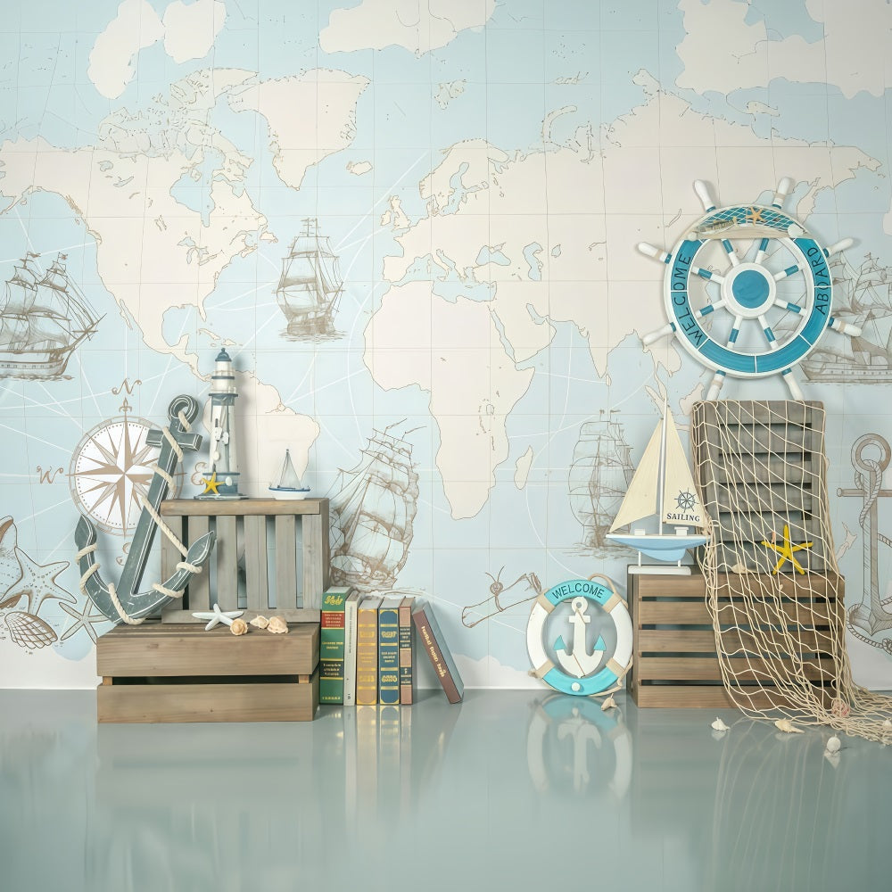 Newborn Backdrop Nautical Map Ships Helm Decor Kids Photo Backdrop UK MRR9-82
