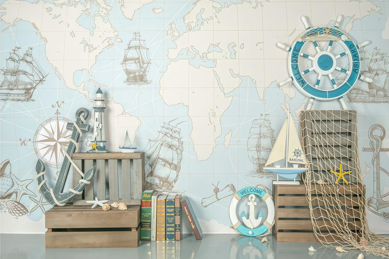 Newborn Backdrop Nautical Map Ships Helm Decor Kids Photo Backdrop UK MRR9-82