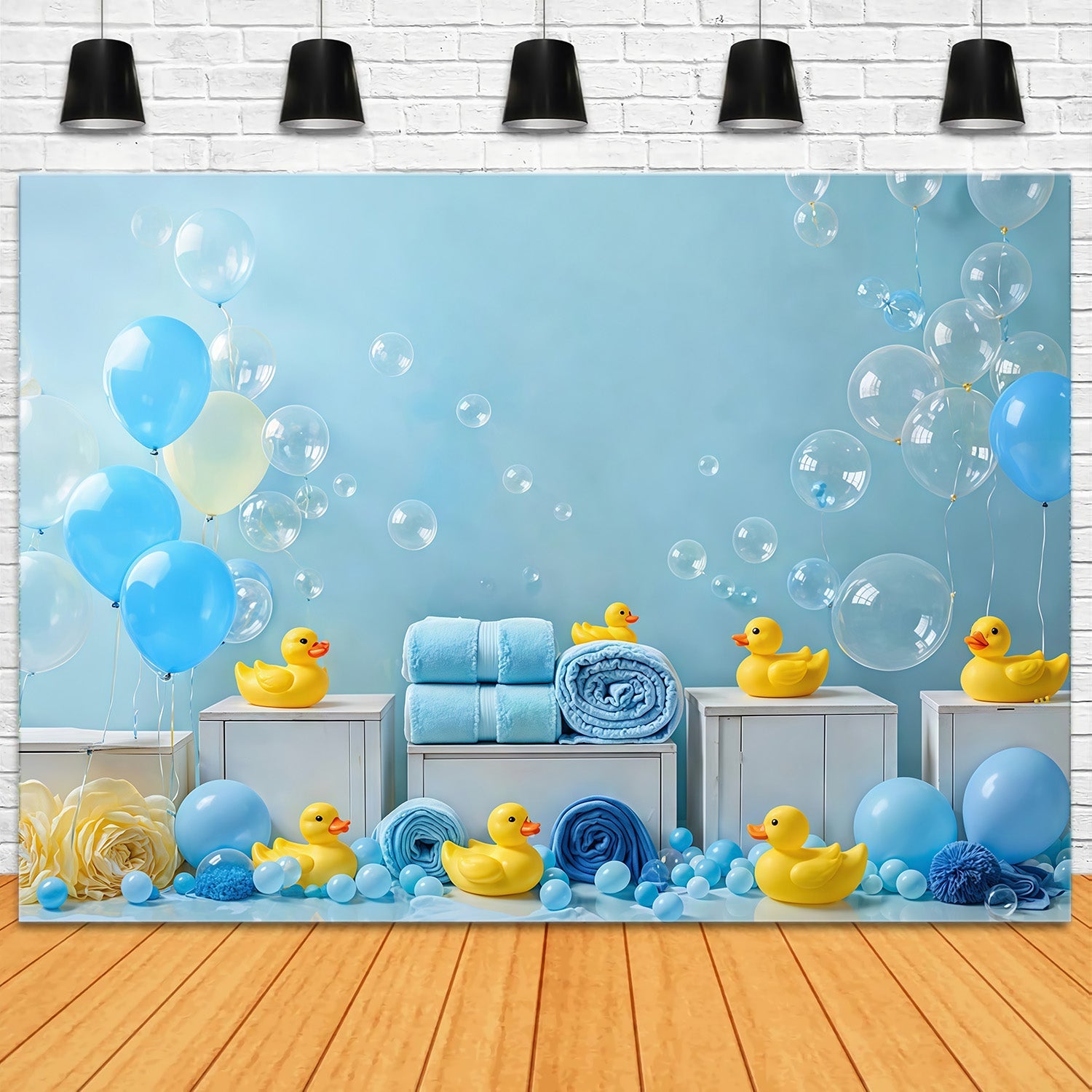 Kids Photo Backdrop Blue Balloons Rubber Duck Bubbles Newborn Backdrop UK MRR9-83